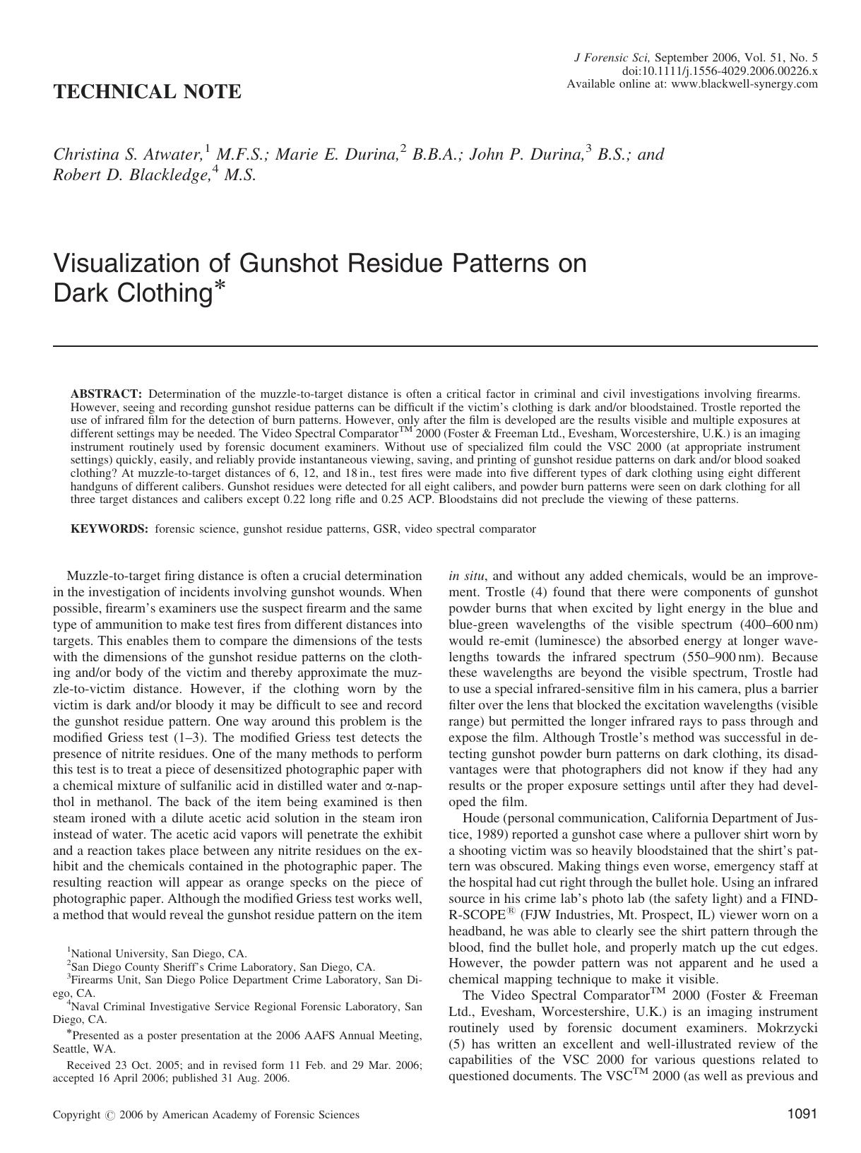 Visualization of Gunshot Residue Patterns on Dark Clothing* by Unknown