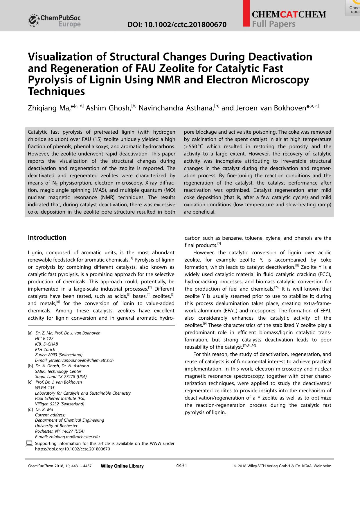 Visualization of Structural Changes During Deactivation and Regeneration of FAU Zeolite for Catalytic Fast Pyrolysis of Lignin Using NMR and Electron Microscopy Techniques by Unknown