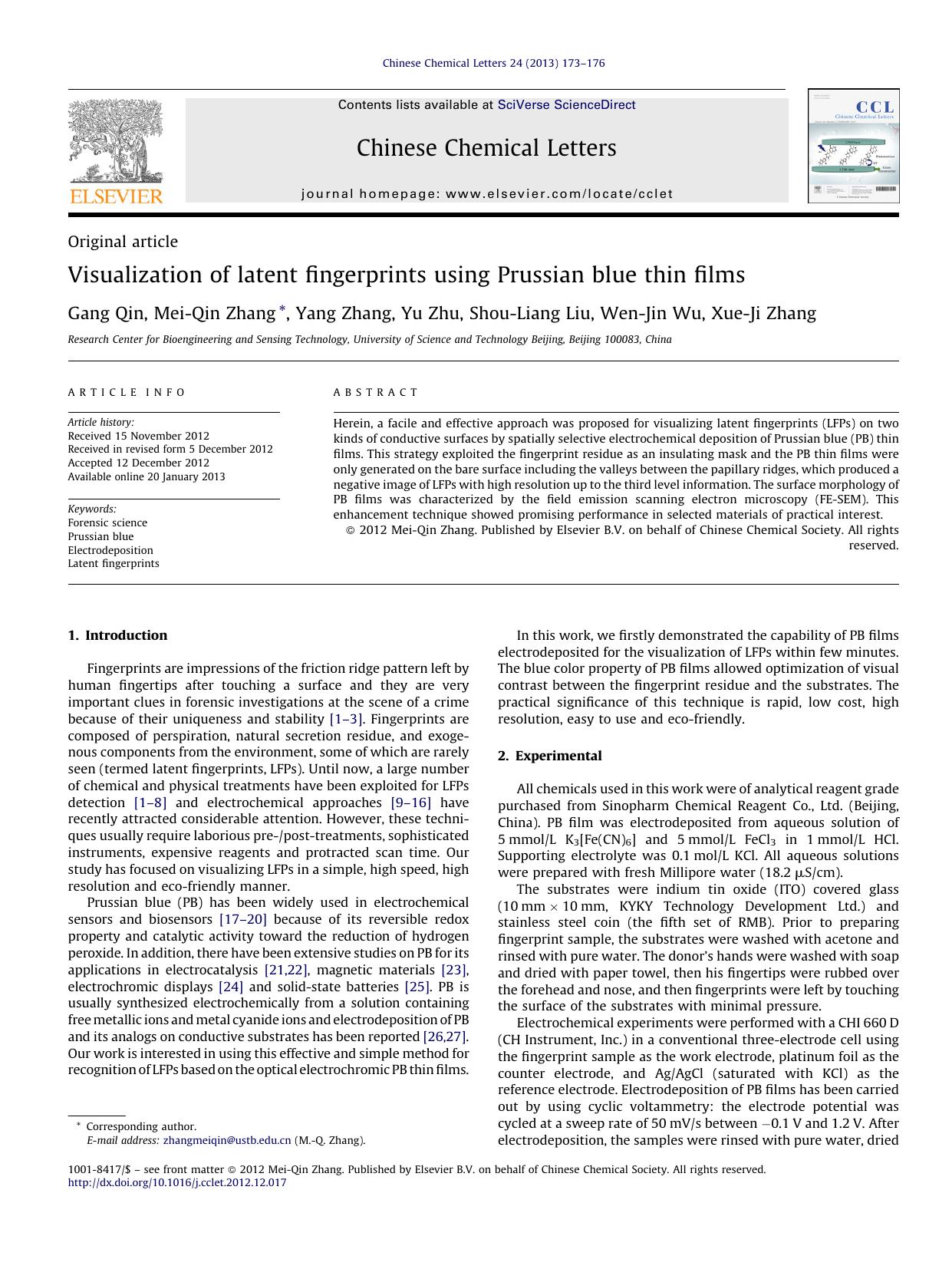 Visualization of latent fingerprints using Prussian blue thin films by Gang Qin