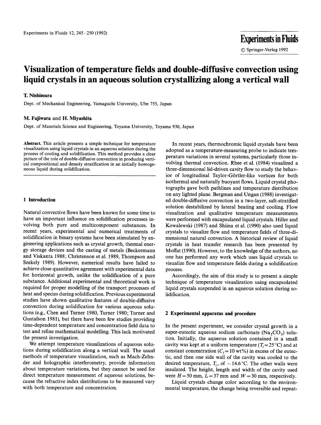 Visualization of temperature fields and double-diffusive convection using liquid crystals in an aqueous solution crystallizing along a vertical wall by Unknown