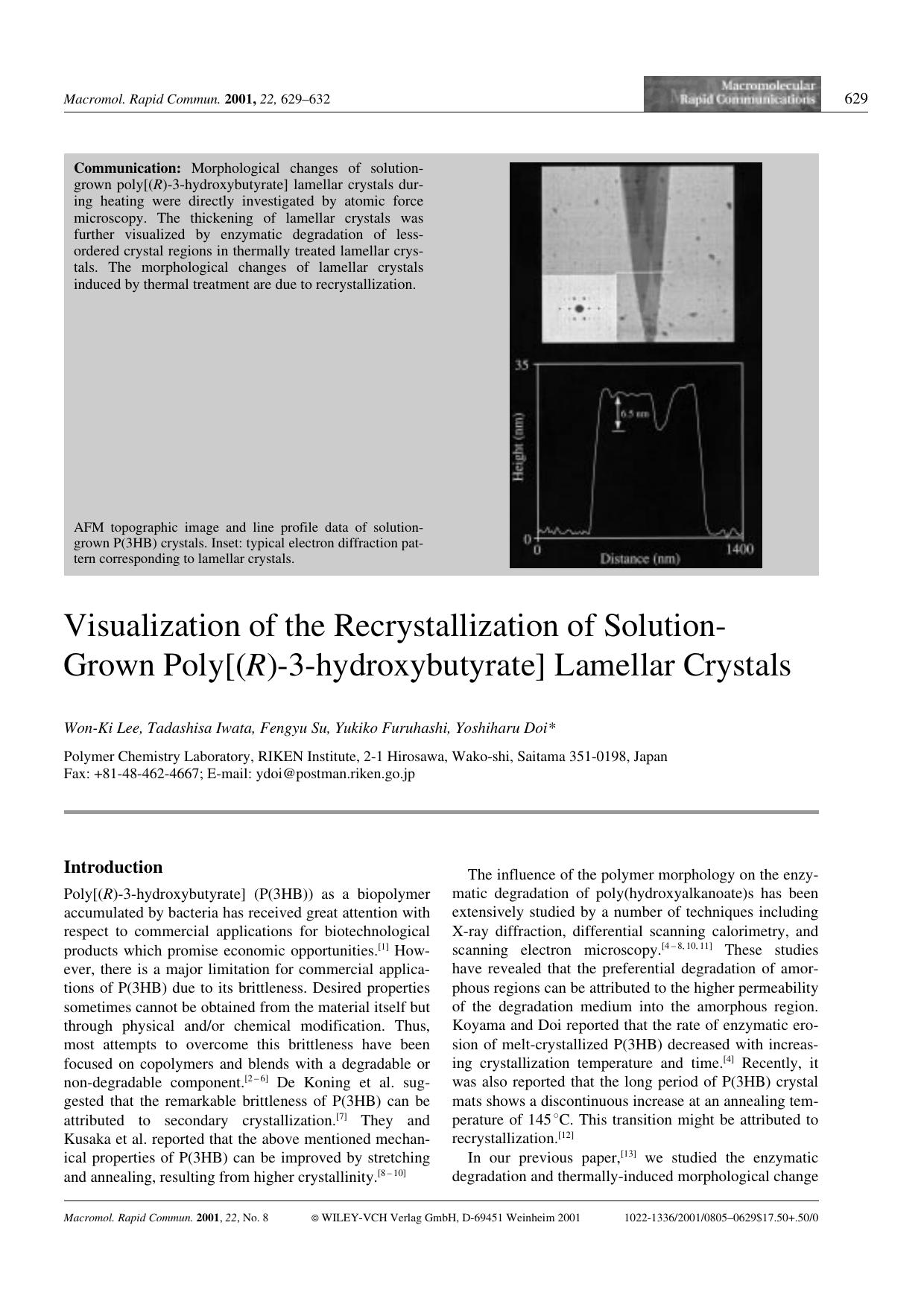 Visualization of the Recrystallization of Solution-Grown Poly[(R)-3-hydroxybutyrate] Lamellar Crystals by Unknown