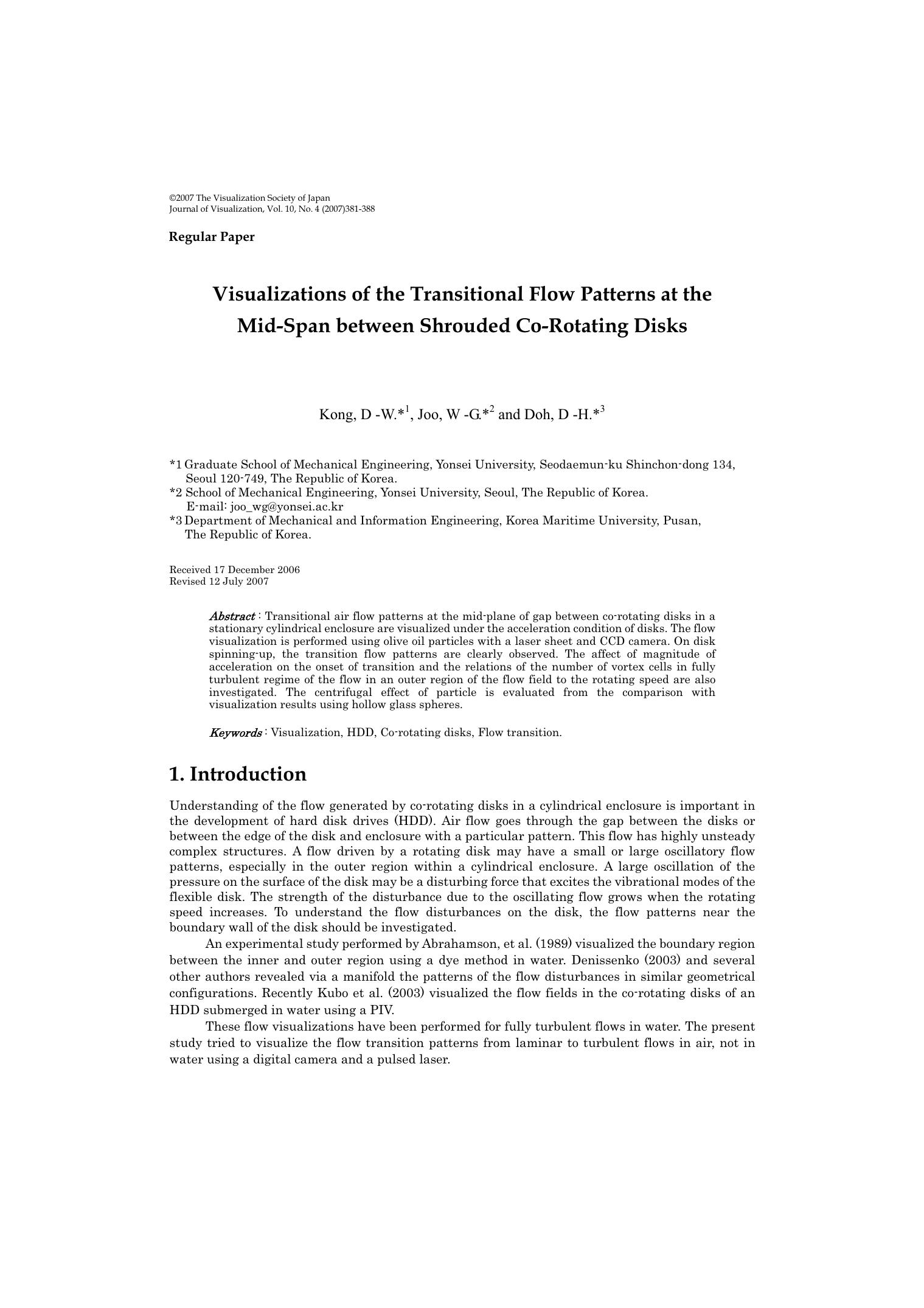 Visualizations of the transitional flow patterns at the mid-span between shrouded co-rotating disks by Unknown