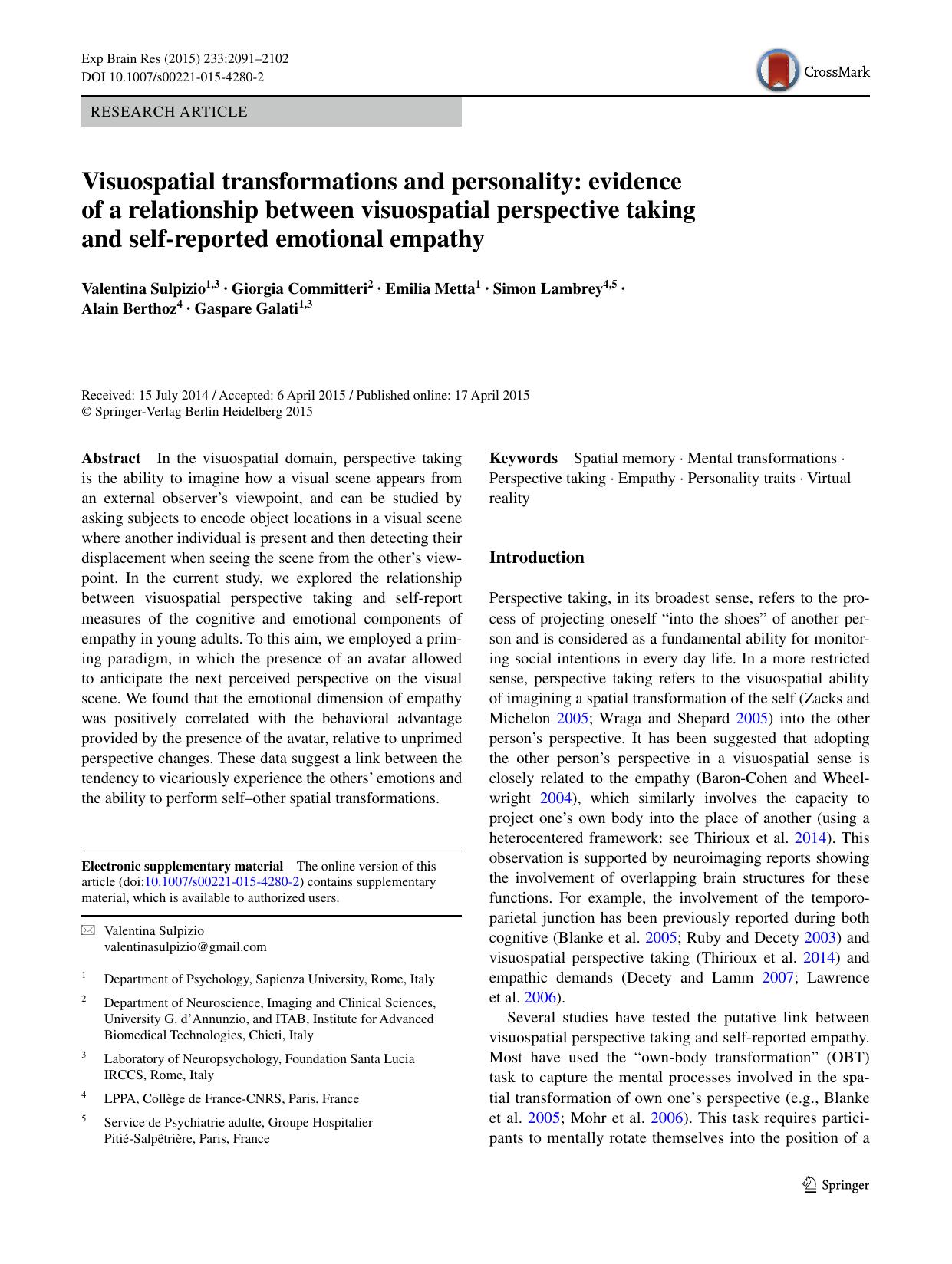 Visuospatial transformations and personality: evidence of a relationship between visuospatial perspective taking and self-reported emotional empathy by unknow