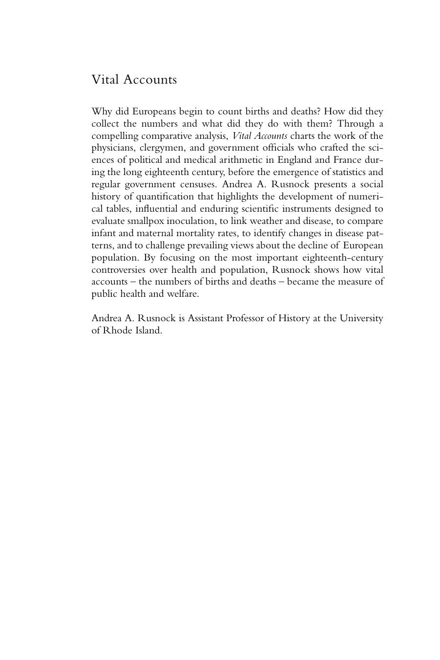 Vital Accounts: Quantifying Health and Population in Eighteenth-Century England and France by Andrea A. Rusnock