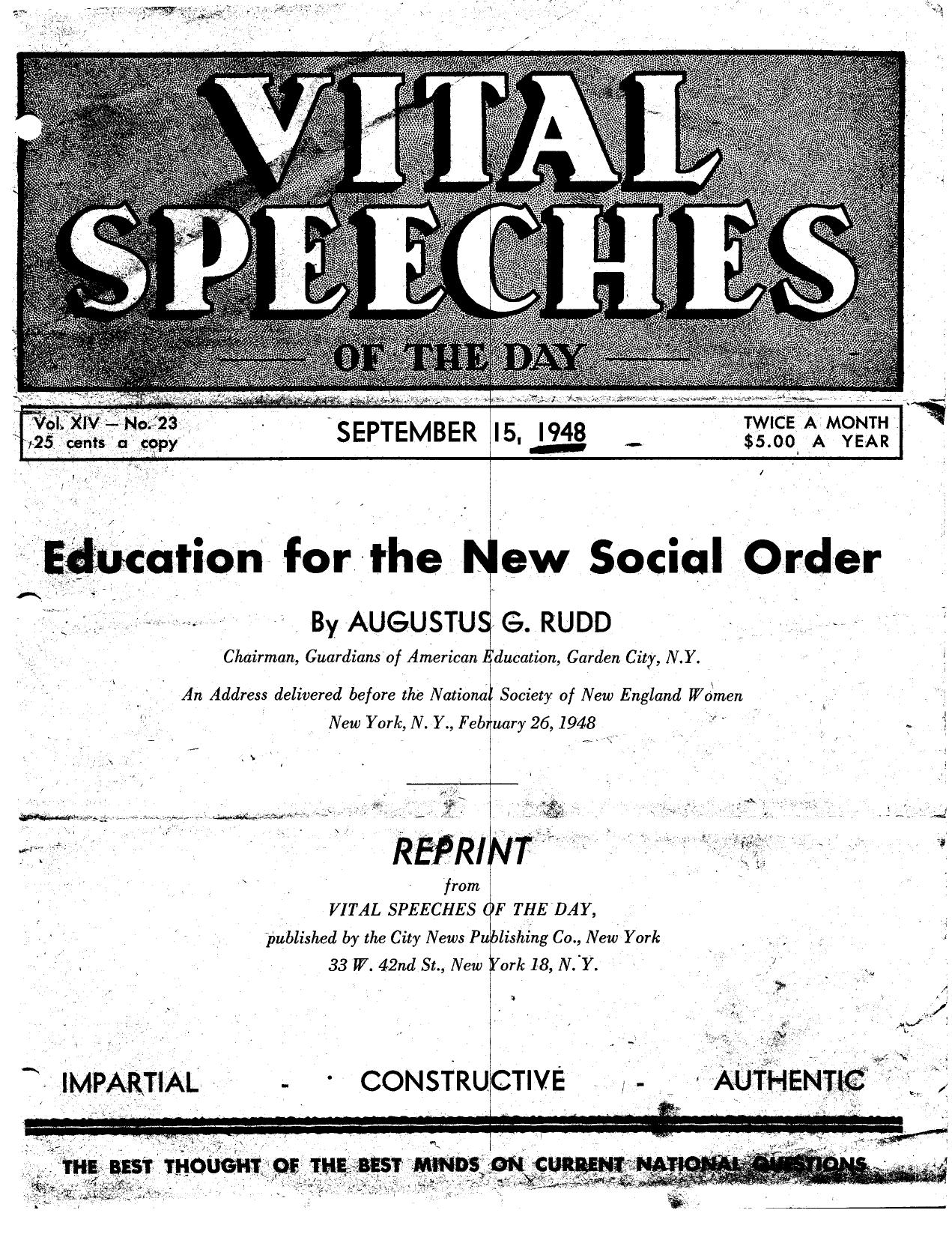 Vital Speeches-Ed For The New Social Order-Rudd-1948-8pgs-EDU by Unknown