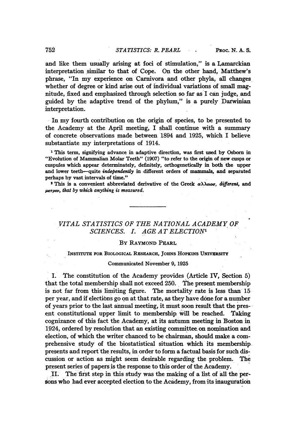 Vital Statistics of the National Academy of Sciences I. Age at Election by Pearl R