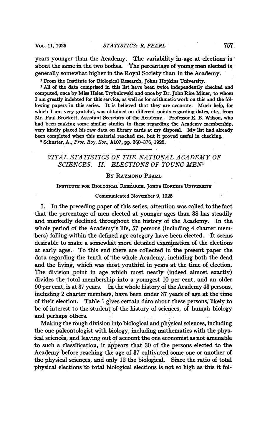 Vital Statistics of the National Academy of Sciences II. Elections of Young Men by Pearl R
