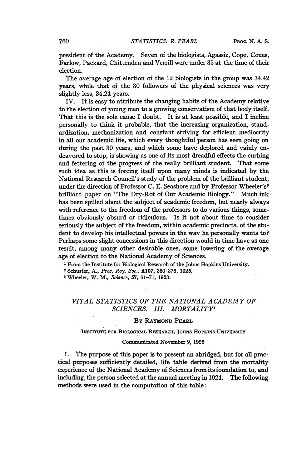 Vital Statistics of the National Academy of Sciences III. Mortality by Pearl R
