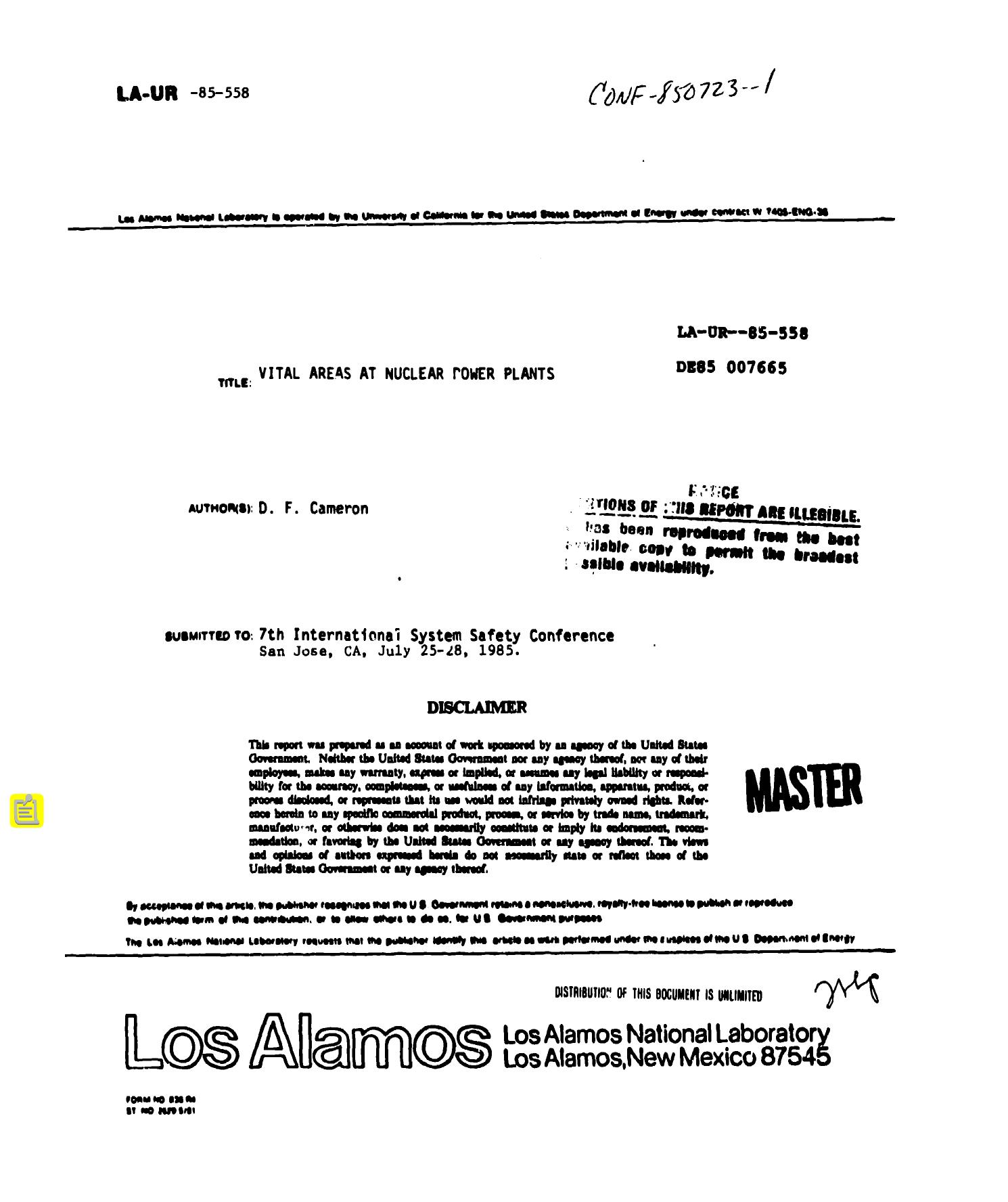 Vital areas at nuclear power plants None by LANL Research Library LWW Project
