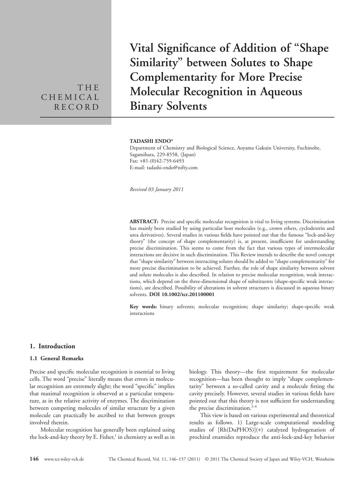 Vital significance of addition of shape similarity between solutes to shape complementarity for more precise molecular recognition in aqueous binary solvents by Unknown