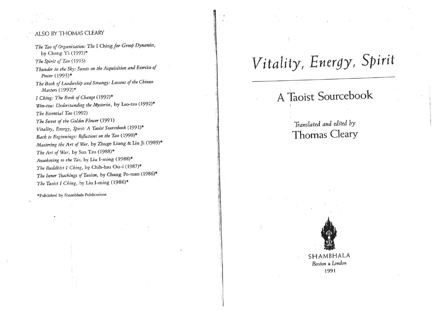 Vitality, Energy, Spirit: A Taoist Sourcebook by Thomas Cleary