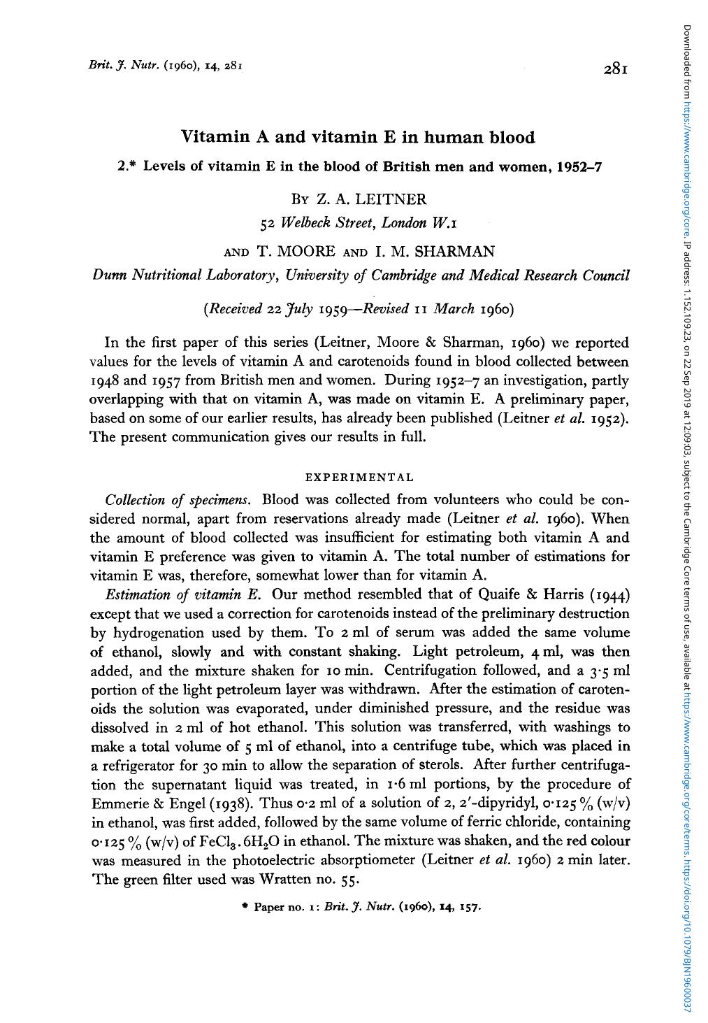 Vitamin A and vitamin E in human blood by Z. A Leitner T. Moore I. M. Sharman