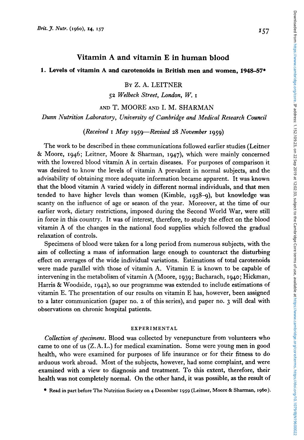 Vitamin A and vitamin E in human blood by Z. A. Leitner T. Moore I. M. Sharman