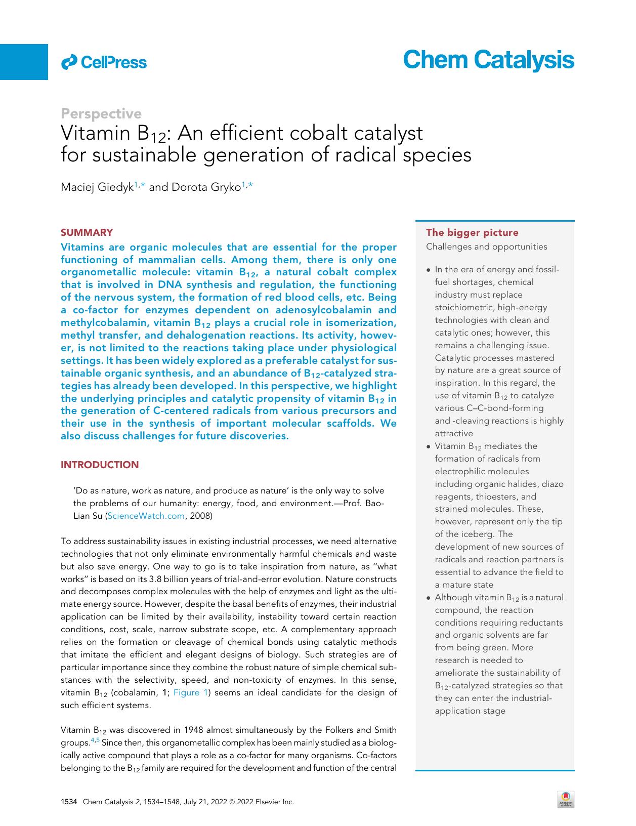 Vitamin B12: An efficient cobalt catalyst for sustainable generation of radical species by Maciej Giedyk & Dorota Gryko