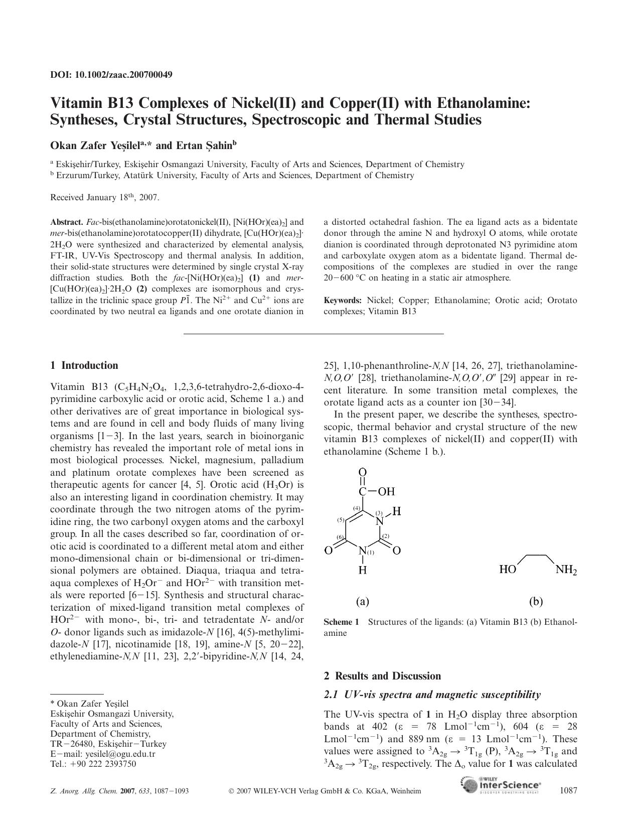 Vitamin B13 Complexes of Nickel(II) and Copper(II) with Ethanolamine: Syntheses, Crystal Structures, Spectroscopic and Thermal Studies by Unknown