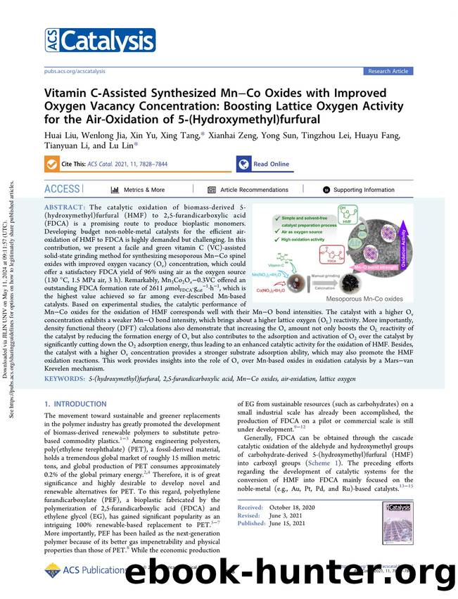 Vitamin C-Assisted Synthesized MnâCo Oxides with Improved Oxygen Vacancy Concentration: Boosting Lattice Oxygen Activity for the Air-Oxidation of 5-(Hydroxymethyl)furfural by unknow
