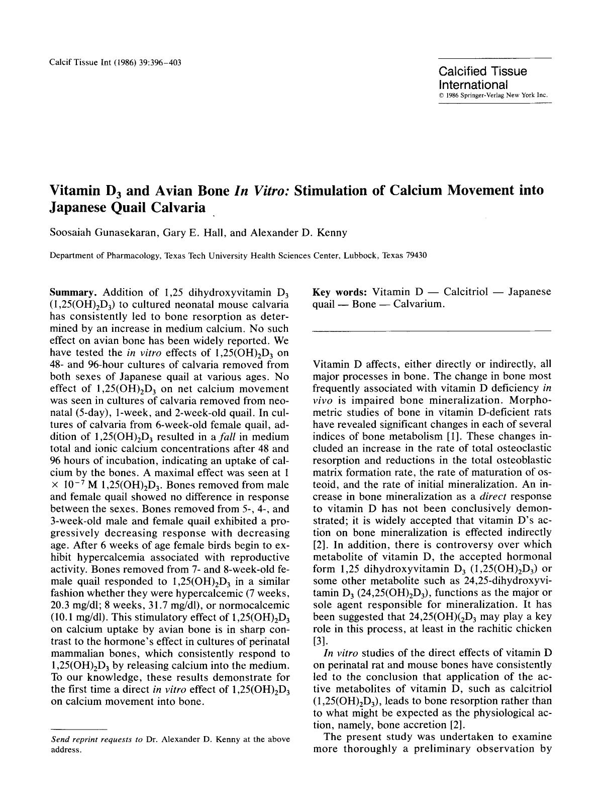 Vitamin D <Subscript>3 <Subscript> and avian bone <Emphasis Type="Italic">in vitro <Emphasis>: Stimulation of calcium movement into Japanese quail calvaria by Unknown