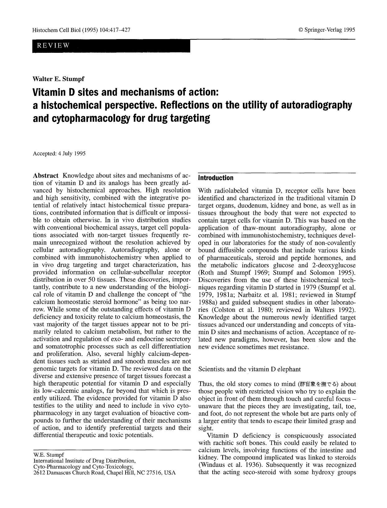 Vitamin D sites and mechanisms of action: A histochemical perspective. Reflections on the utility of autoradiography and cytopharmacology for drug targeting by Unknown