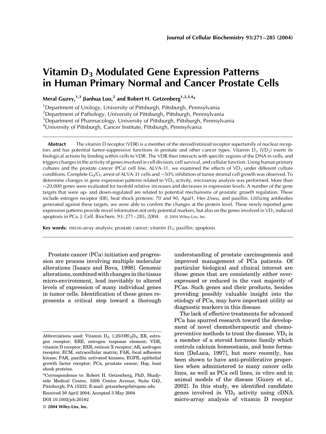 Vitamin D3 modulated gene expression patterns in human primary normal and cancer prostate cells by Unknown