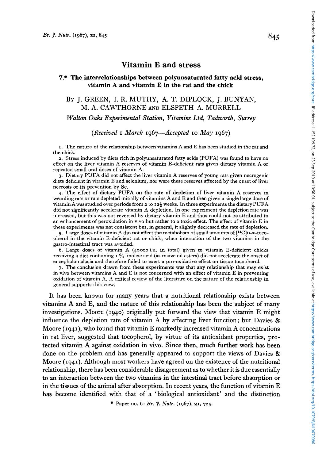 Vitamin E and stress by J. Green I. R. Muthy A. T. Diplock J. Bunyan M. A. Cawthorne Elspeth A. Murrell
