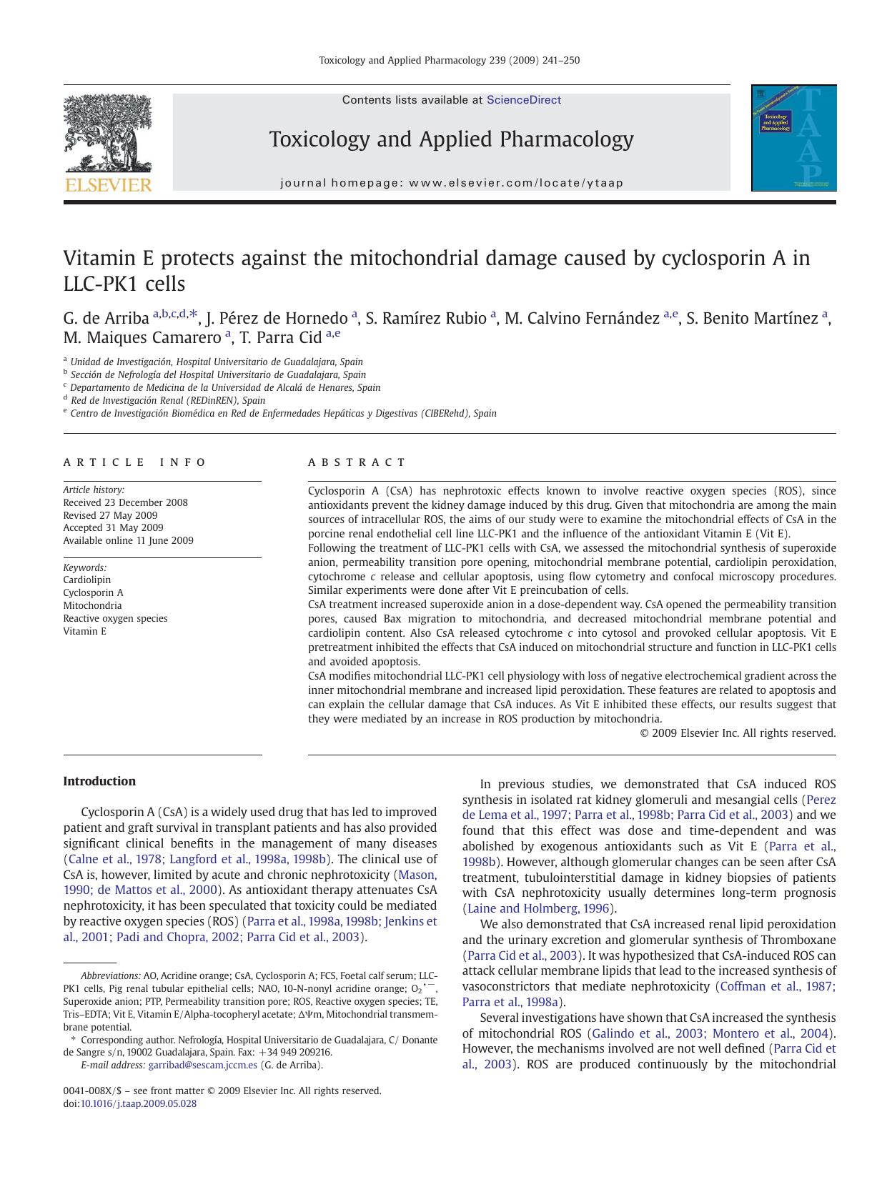 Vitamin E protects against the mitochondrial damage caused by cyclosporin A in LLC-PK1 cells by unknow
