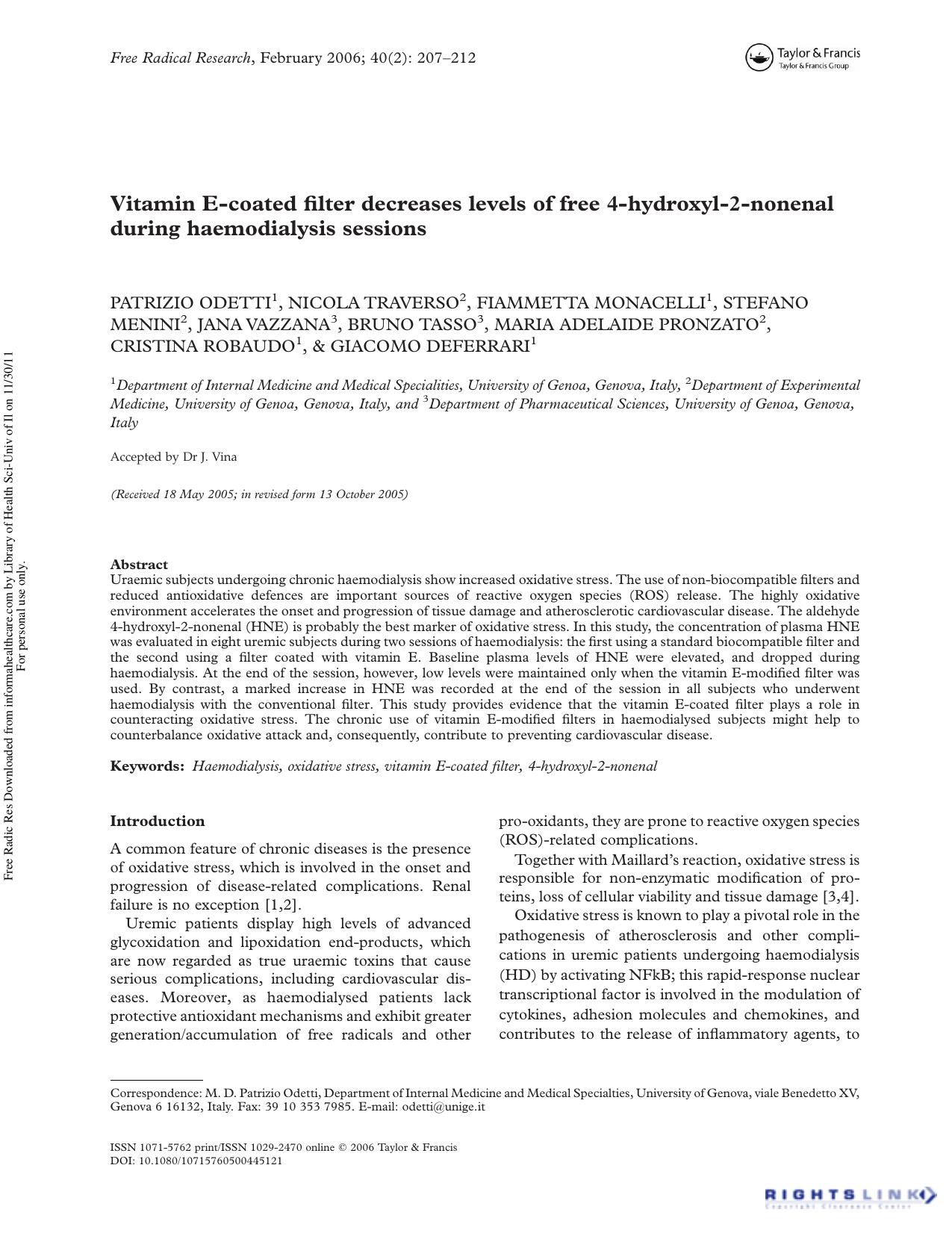 Vitamin E-coated filter decreases levels of free 4-hydroxyl-2-nonenal during haemodialysis sessions by unknow