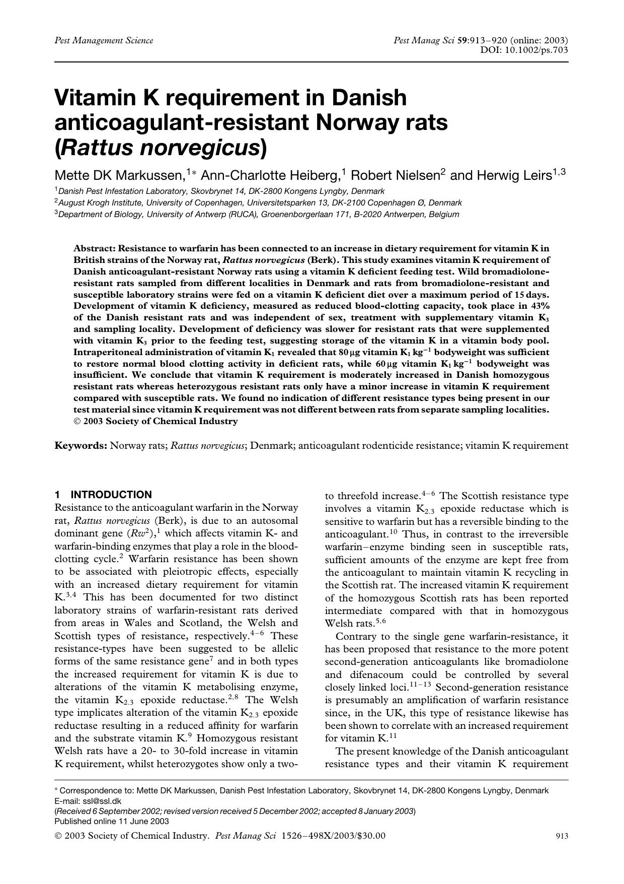 Vitamin K requirement in Danish anticoagulant-resistant Norway rats (Rattus norvegicus) by Unknown