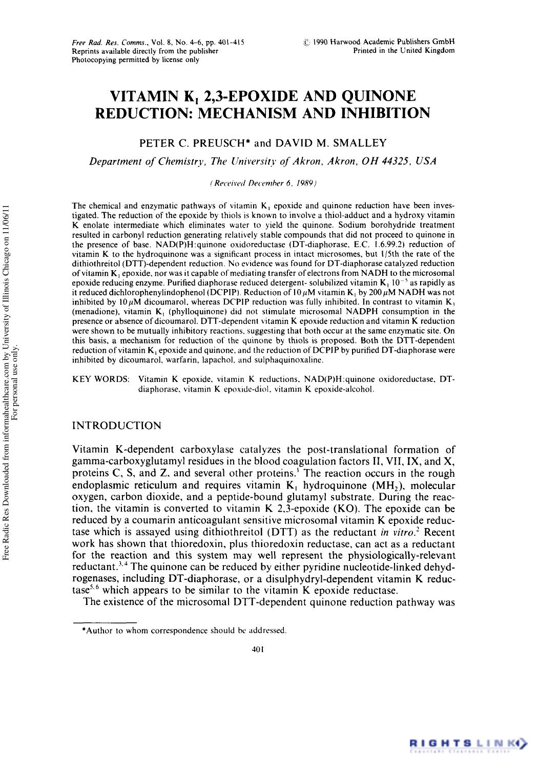 Vitamin K, 2,3-Epoxide And Quinone Reduction: Mechanism And Inhibition by Peter C. Preusch1 & David M. Smalley1