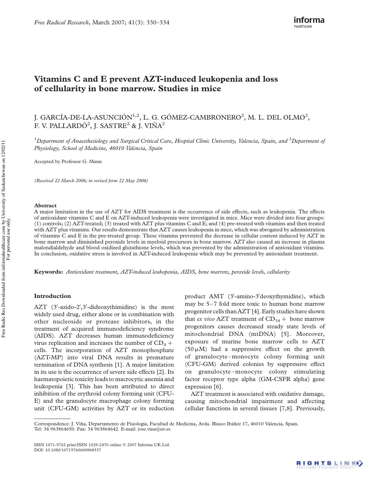 Vitamins C and E prevent AZT-induced leukopenia and loss of cellularity in bone marrow. Studies in mice by unknow