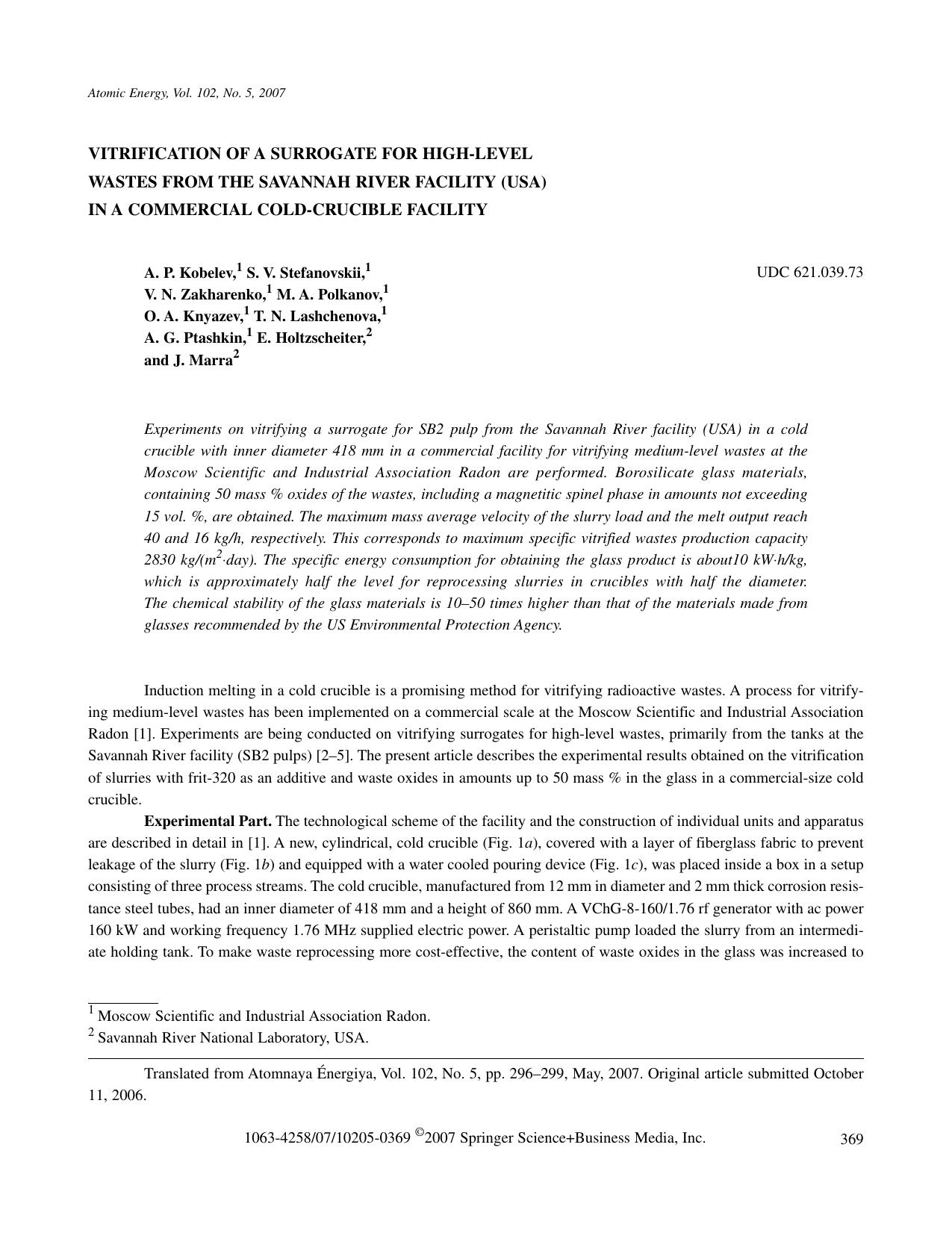 Vitrification of a surrogate for high-level wastes from the Savannah River facility (USA) in a commercial cold-crucible facility by Unknown