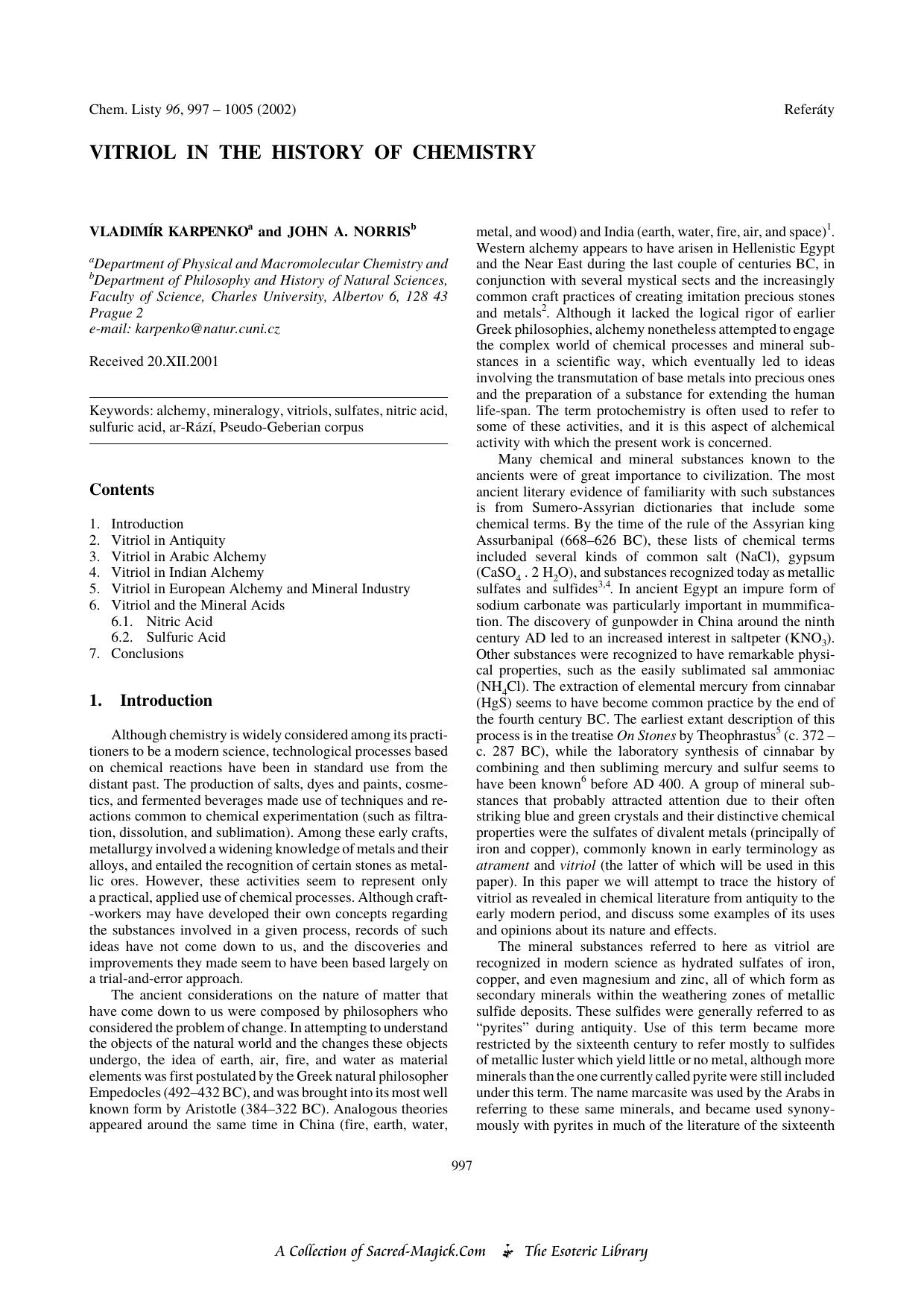 Vitriol in the History of Chemistry by www.sacred-magick.com