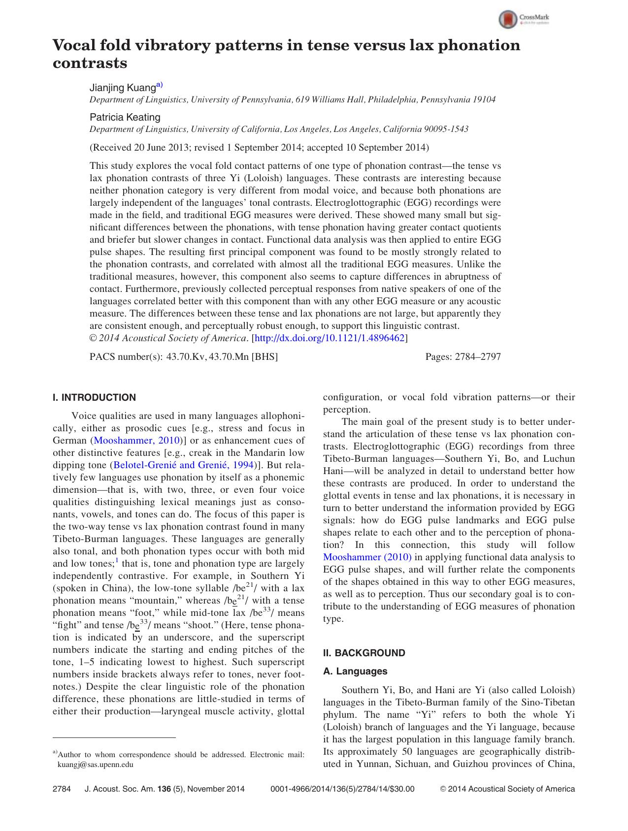 Vocal fold vibratory patterns in tense versus lax phonation contrasts by Jianjing Kuang & Patricia Keating