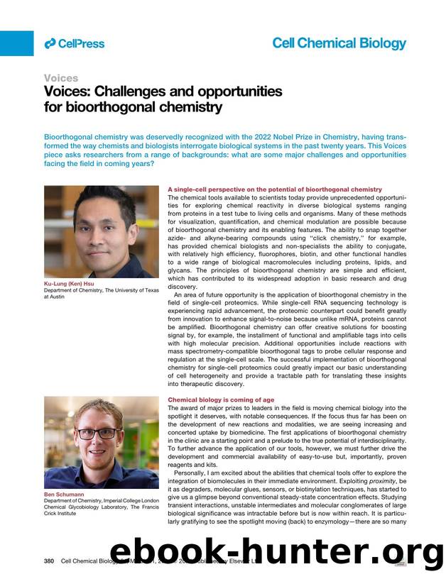 Voices: Challenges and opportunities for bioorthogonal chemistry by Ku-Lung Hsu & Ben Schumann & Ellen Sletten & Ekaterina Vinogradova & Peng Zou