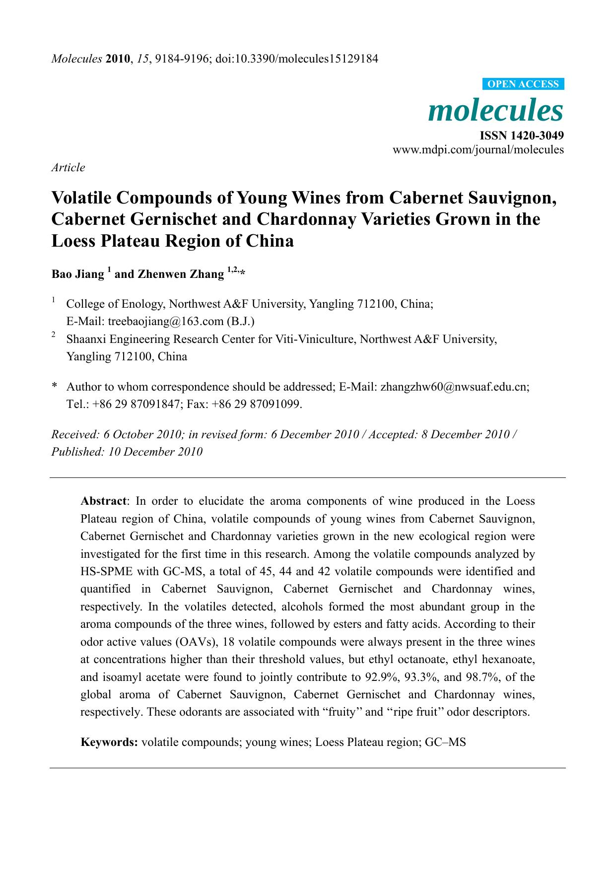 Volatile Compounds of Young Wines from Cabernet Sauvignon, Cabernet Gernischet and Chardonnay Varieties Grown in the Loess Plateau Region of China by Bao Jiang & Zhenwen Zhang