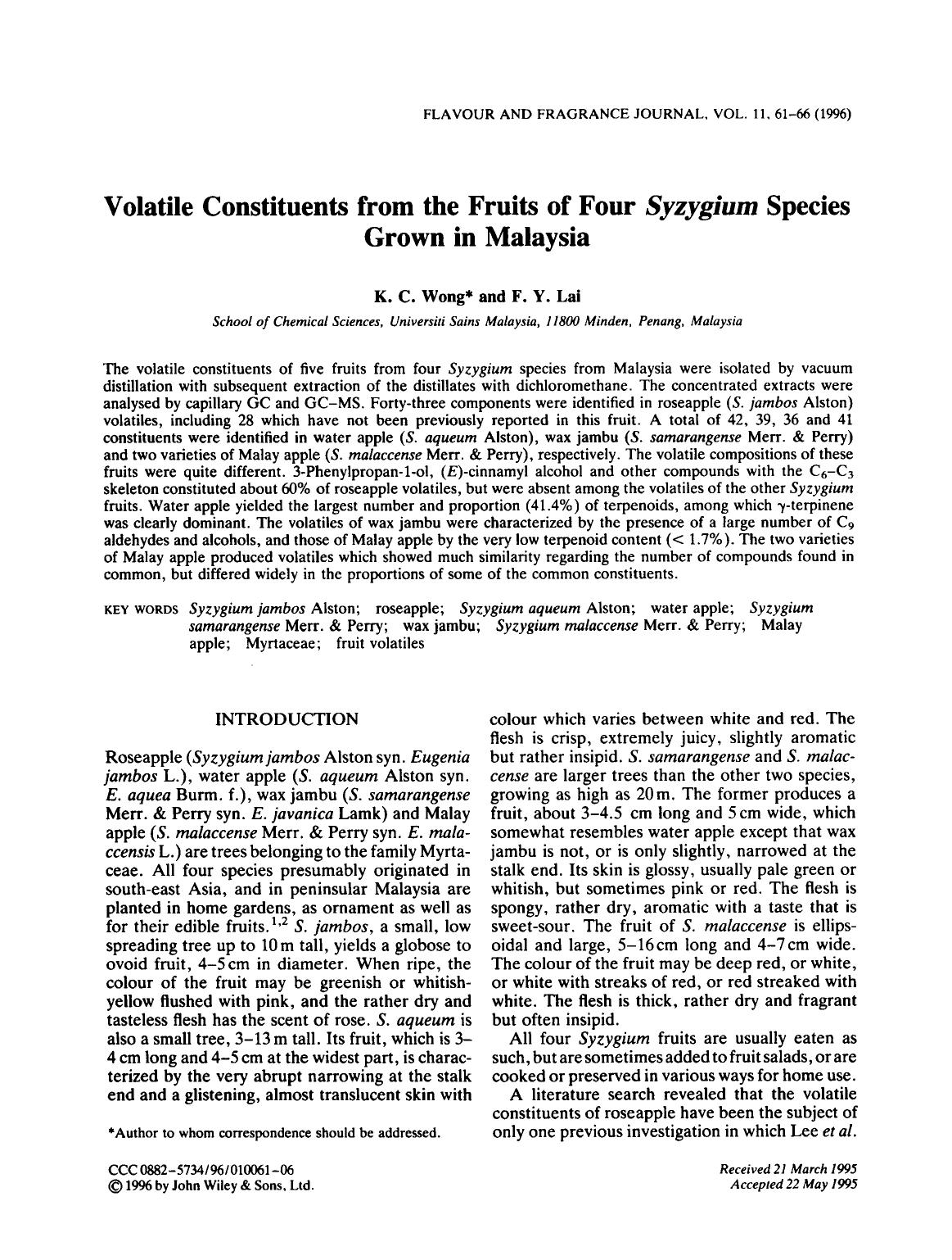 Volatile Constituents from the Fruits of Four Syzygium Species Grown in Malaysia by Unknown