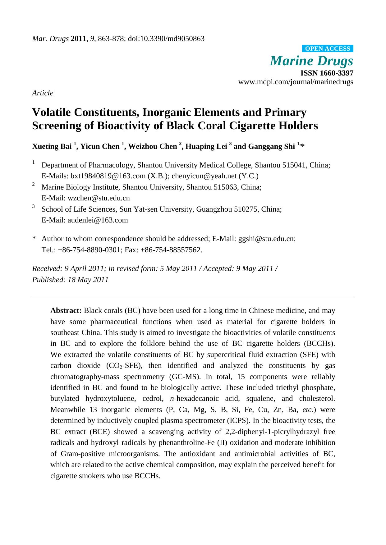 Volatile Constituents, Inorganic Elements and Primary Screening of Bioactivity of Black Coral Cigarette Holders by Xueting Bai & Yicun Chen & Weizhou Chen & Huaping Lei & Ganggang Shi
