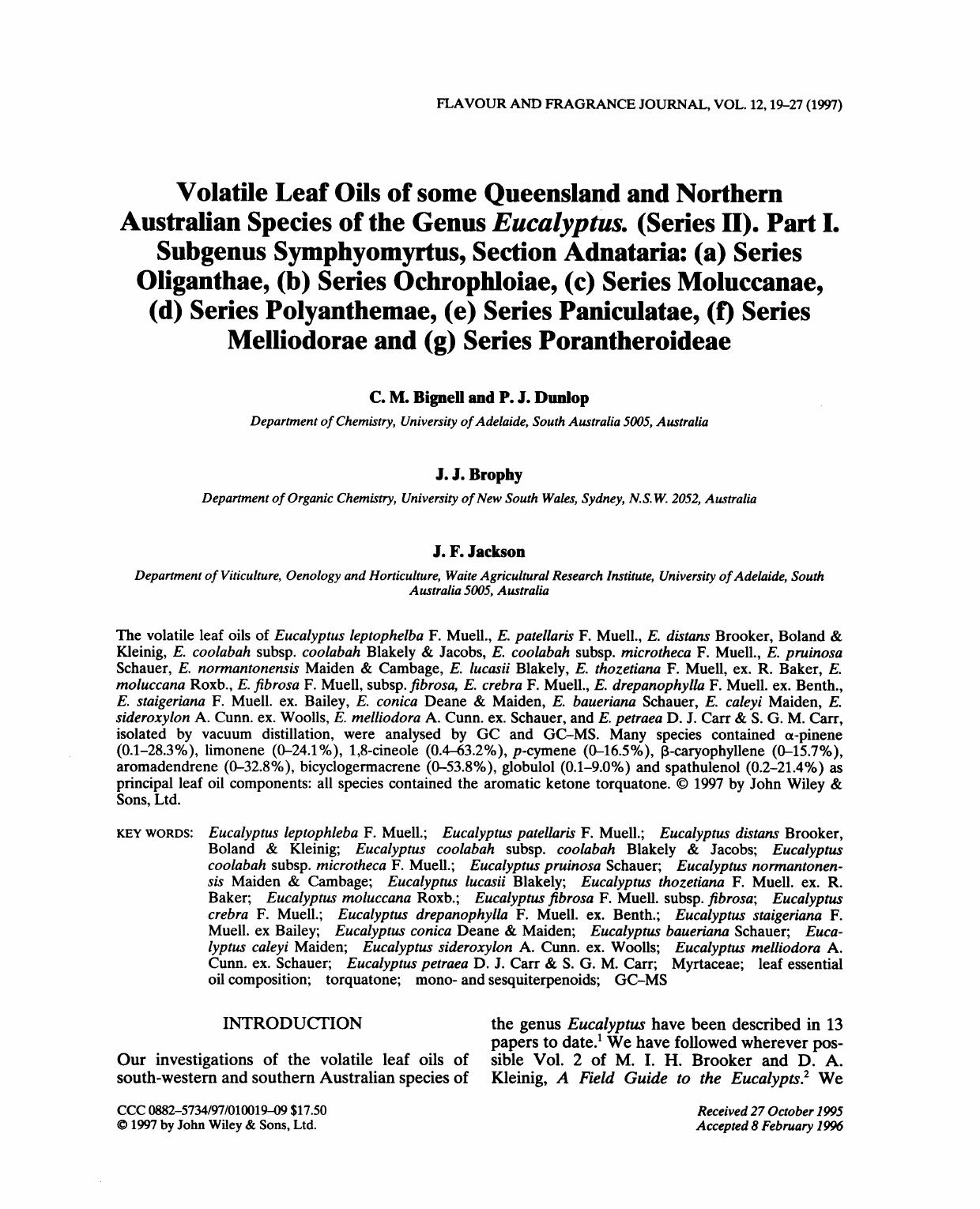 Volatile Leaf Oils of some Queensland and Northern Australian Species of the Genus Eucalyptus. (Series II). Part I. Subgenus Symphyomyrtus, Section Adnataria: (a) Series Oliganthae by Unknown