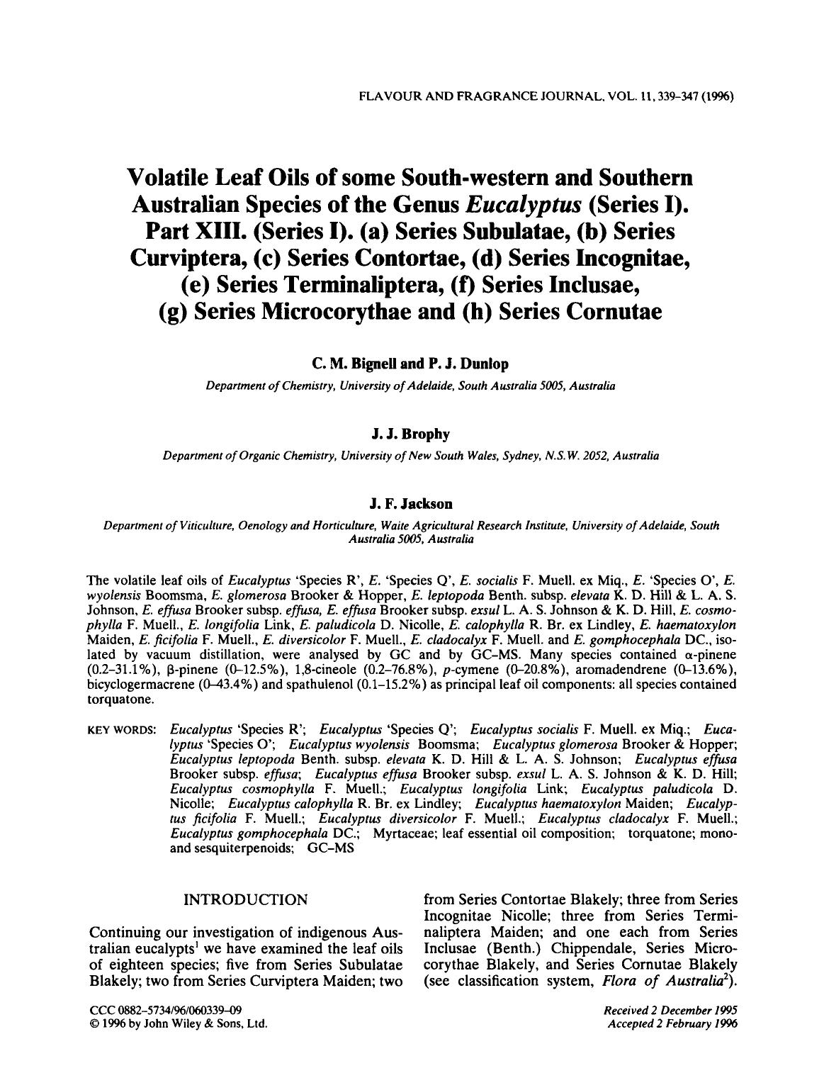 Volatile Leaf Oils of some South-western and Southern Australian Species of the Genus Eucalyptus (Series I). Part XIII. (a) Series Subulatae, (b) Series Curviptera, (c) Series Cont by Unknown