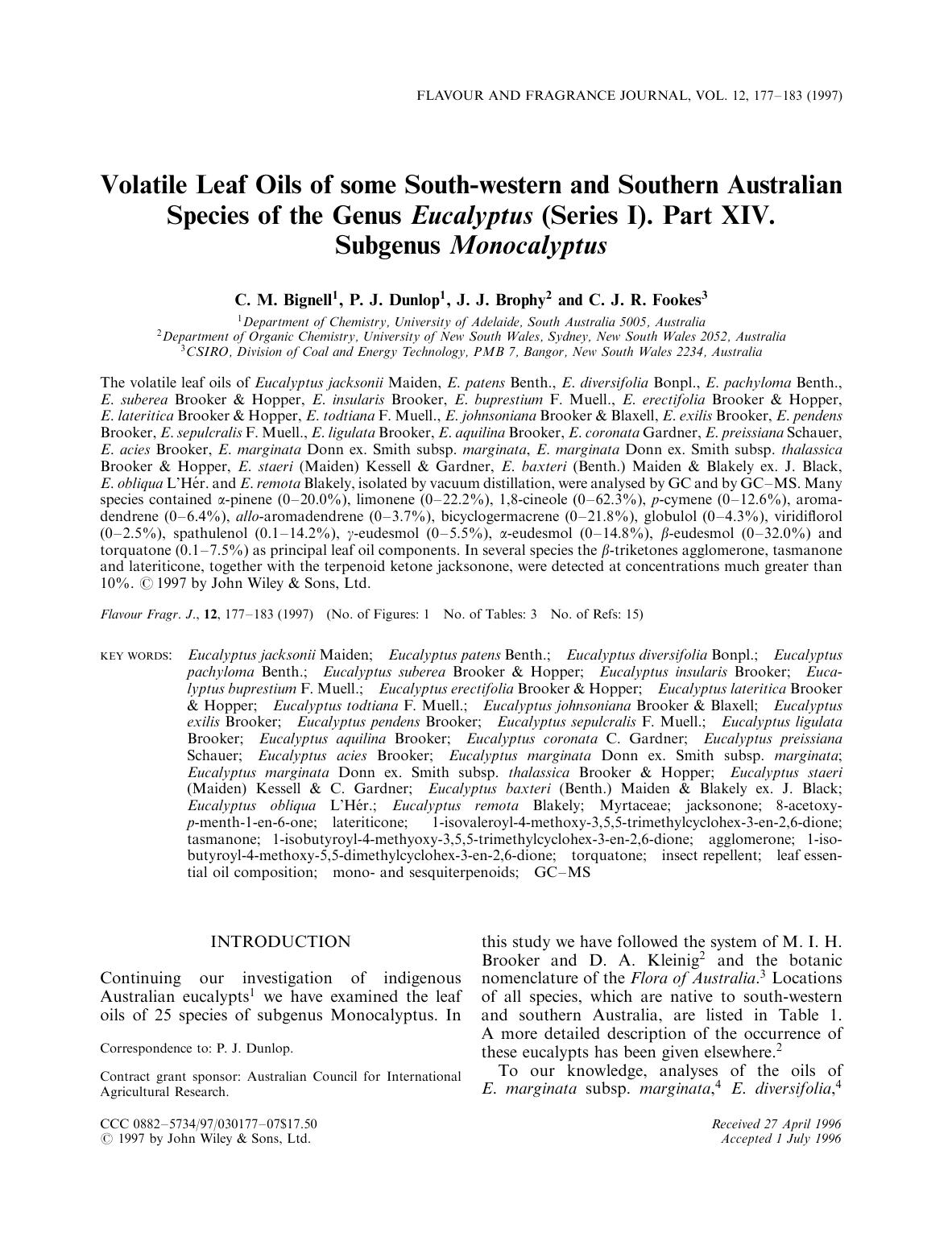 Volatile Leaf Oils of some South-western and Southern Australian Species of the Genus Eucalyptus (Series I). Part XIV. Subgenus Monocalyptus by Unknown