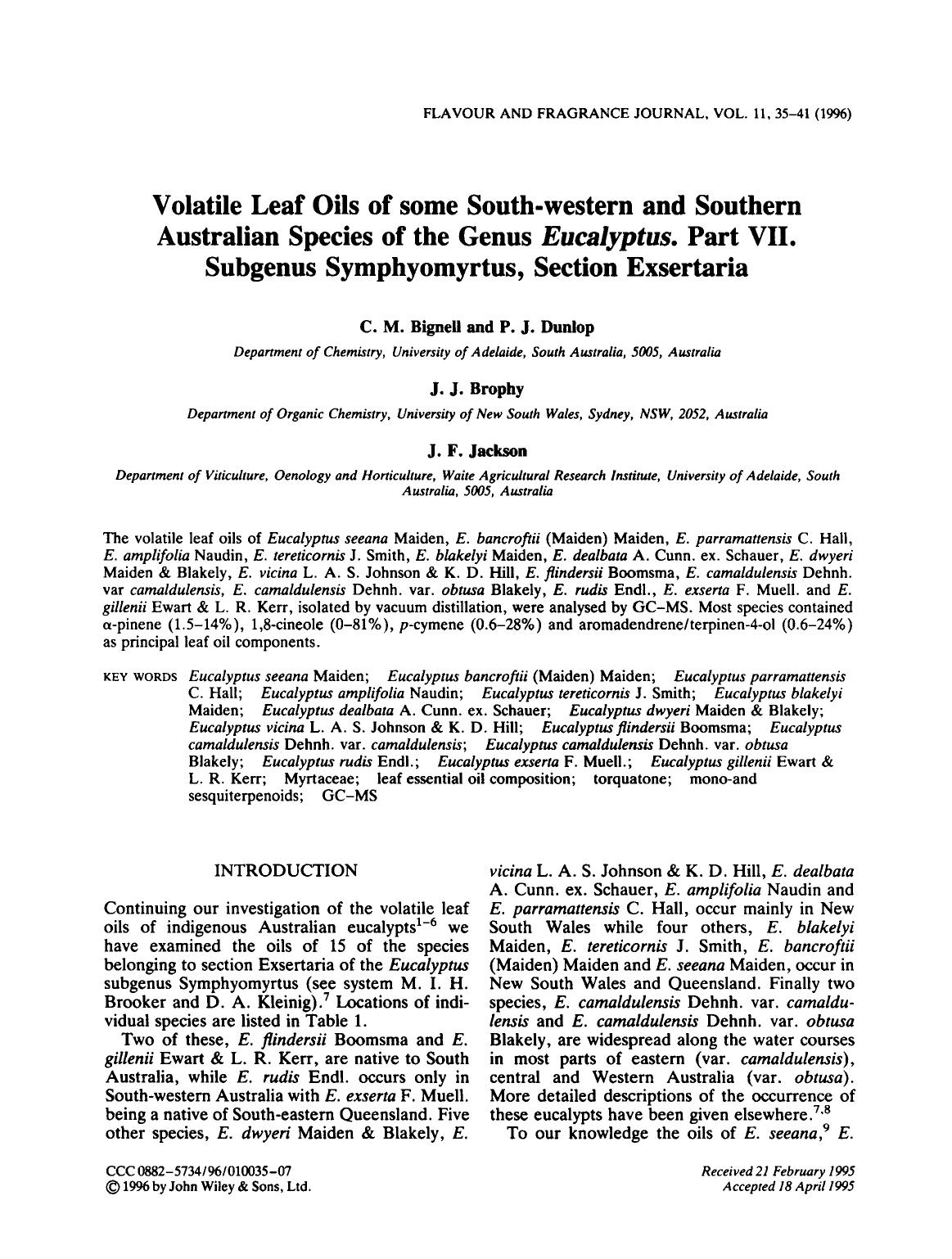 Volatile Leaf Oils of some South-western and Southern Australian Species of the Genus Eucalyptus. Part VII. Subgenus Symphyomyrtus, Section Exsertaria by Unknown
