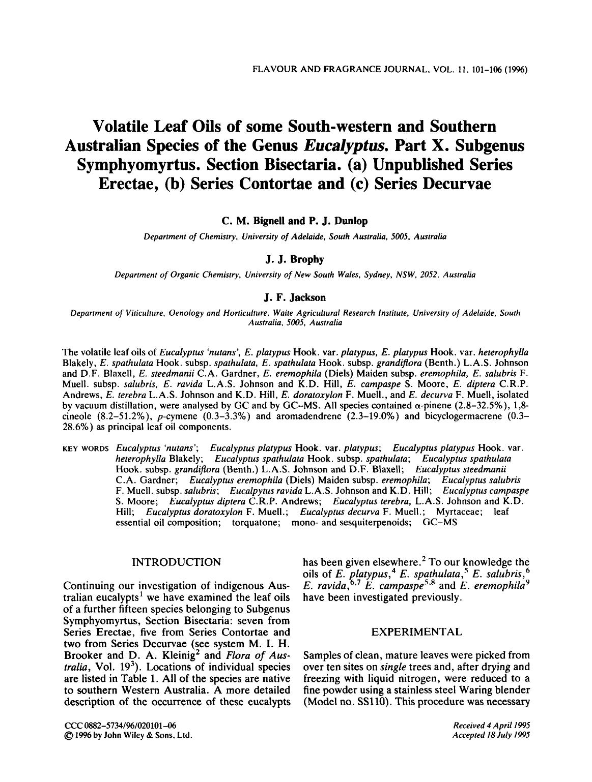 Volatile Leaf Oils of some South-western and Southern Australian Species of the Genus Eucalyptus. Part X. Subgenus Symphyomyrtus. Section Bisectaria. (a) Unpublished Series Erectae by Unknown
