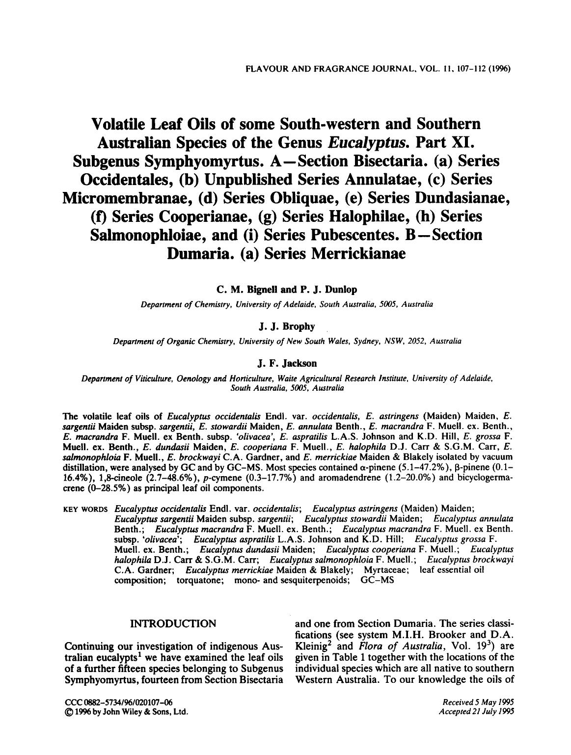 Volatile Leaf Oils of some South-western and Southern Australian Species of the Genus Eucalyptus. Part XI. Subgenus Symphyomyrtus. A-Section Bisectaria. (a) Series Occidentales, (b by Unknown