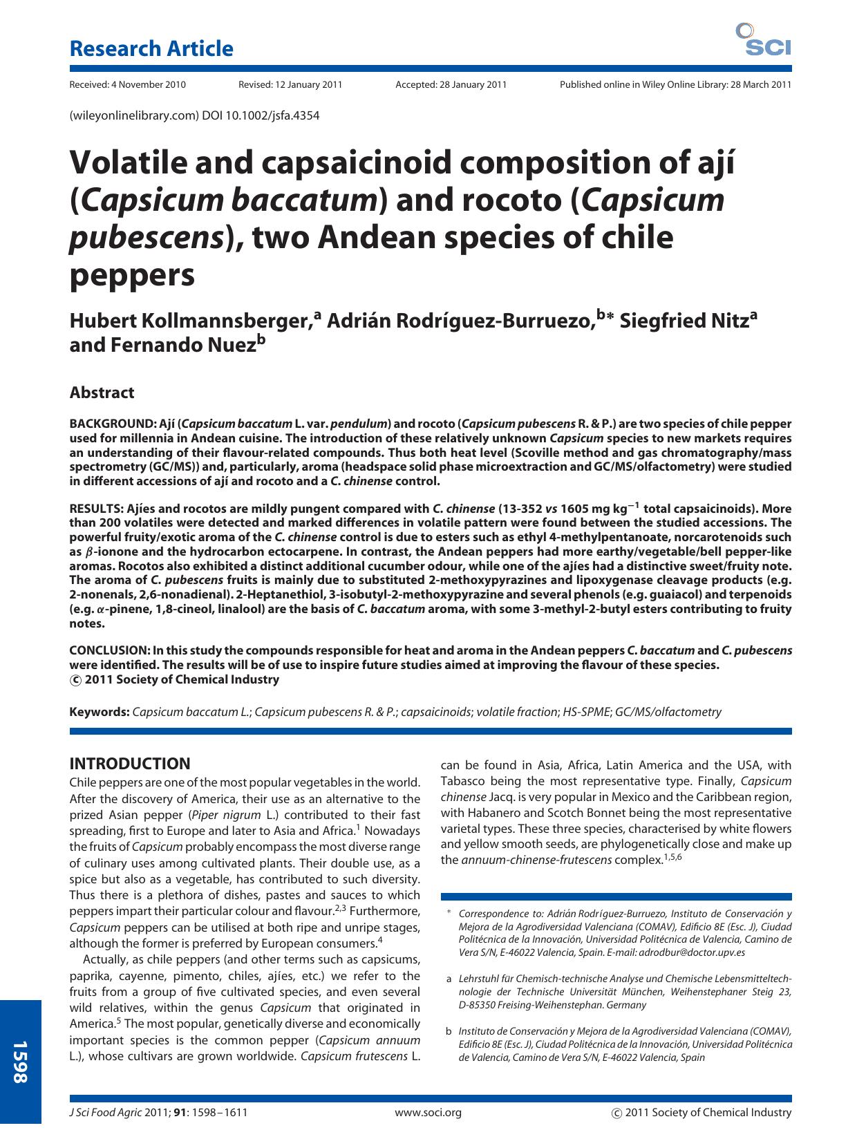 Volatile and capsaicinoid composition of aj (Capsicum baccatum) and rocoto (Capsicum pubescens), two Andean species of chile peppers by Unknown