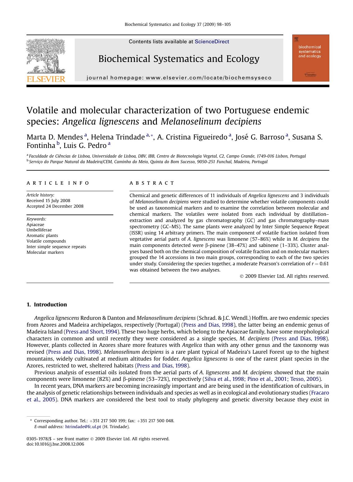 Volatile and molecular characterization of two Portuguese endemic species: Angelica lignescens and Melanoselinum decipiens by unknow