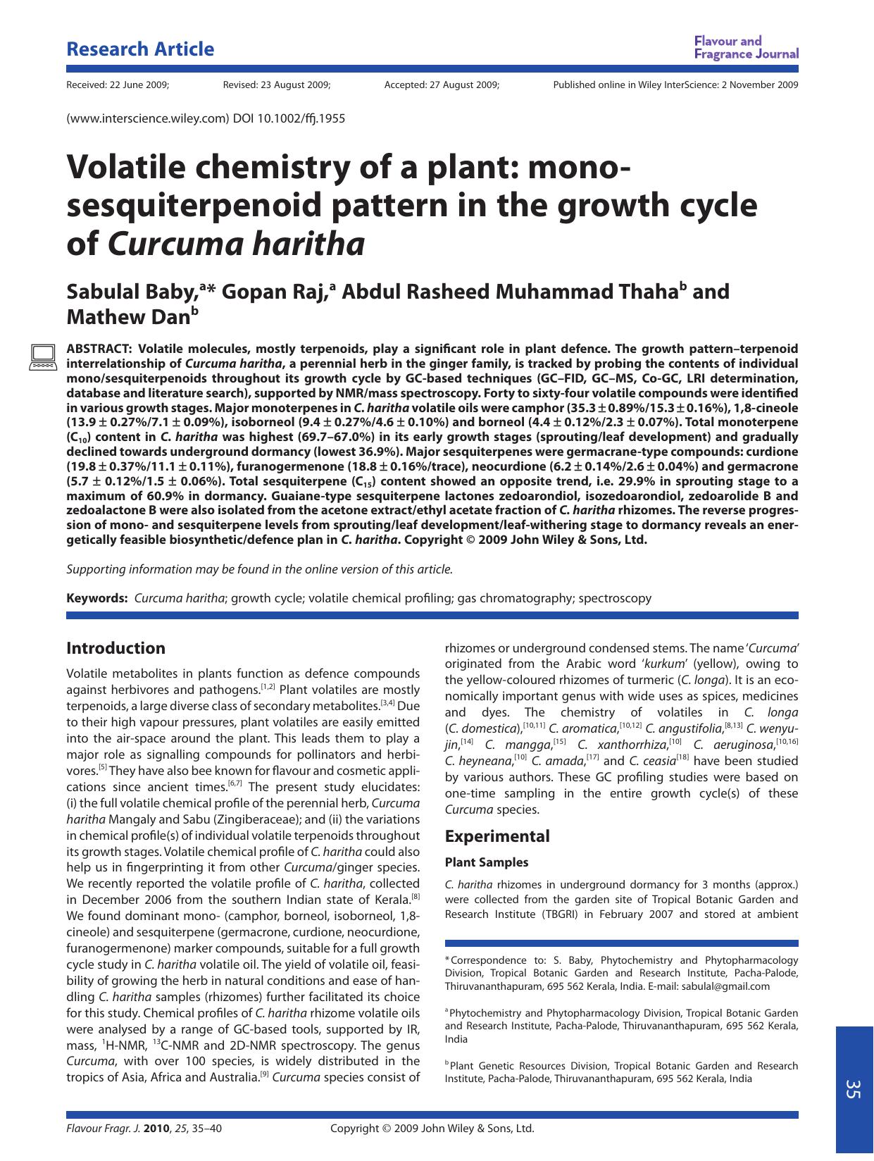 Volatile chemistry of a plant: mono-sesquiterpenoid pattern in the growth cycle of Curcuma haritha by PC
