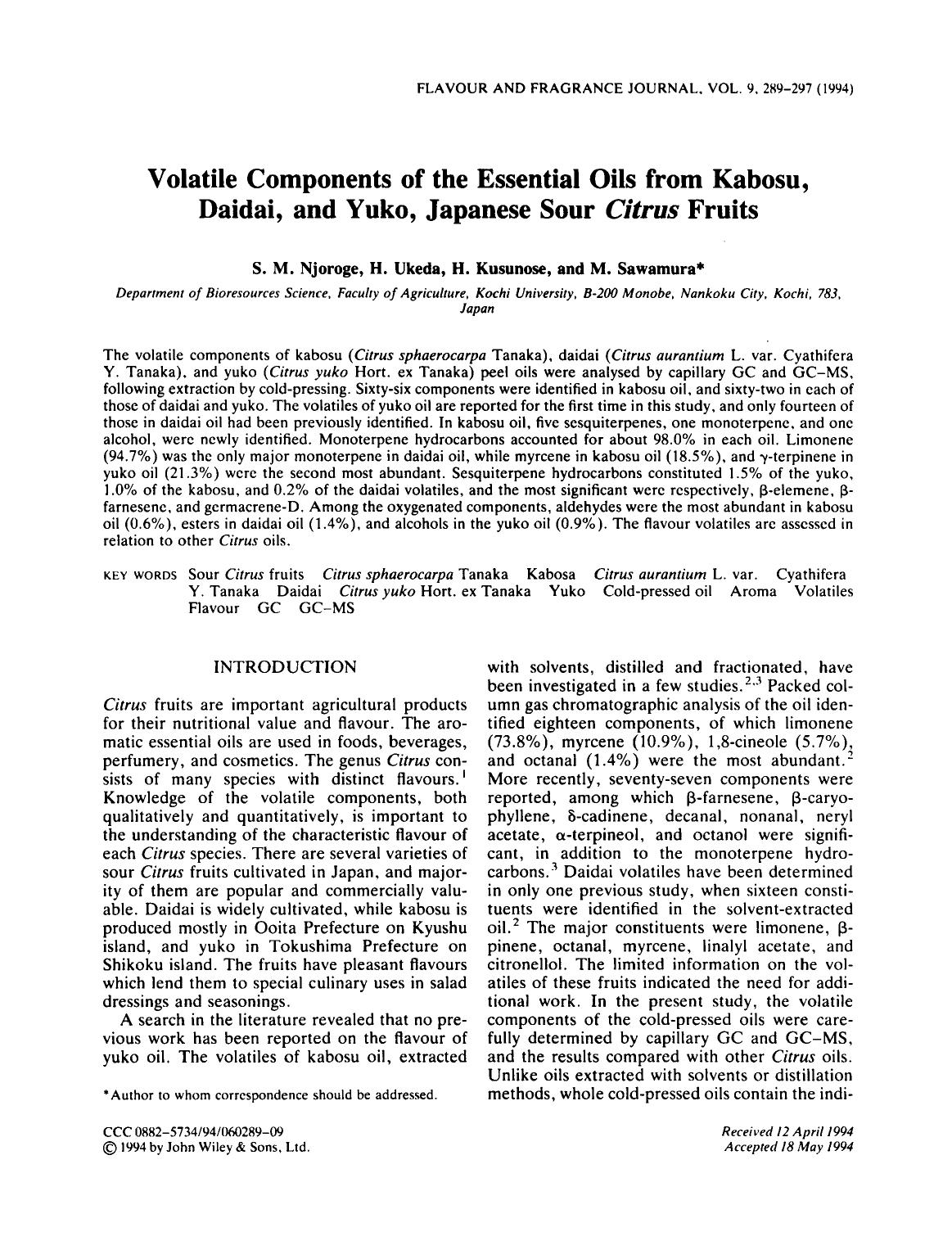 Volatile components of the essential oils from Kabosu, Daidai, and Yuko, Japanese sour citrus fruits by Unknown