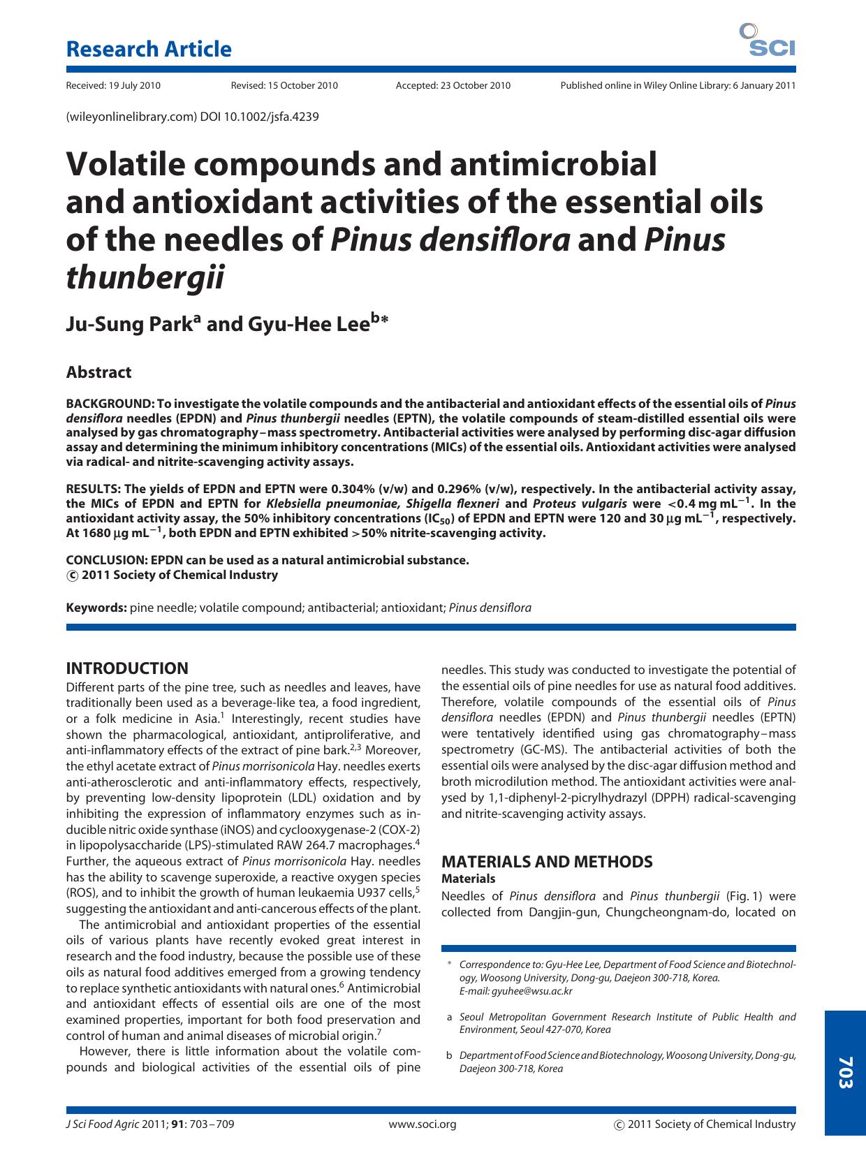 Volatile compounds and antimicrobial and antioxidant activities of the essential oils of the needles of Pinus densiflora and Pinus thunbergii by Unknown