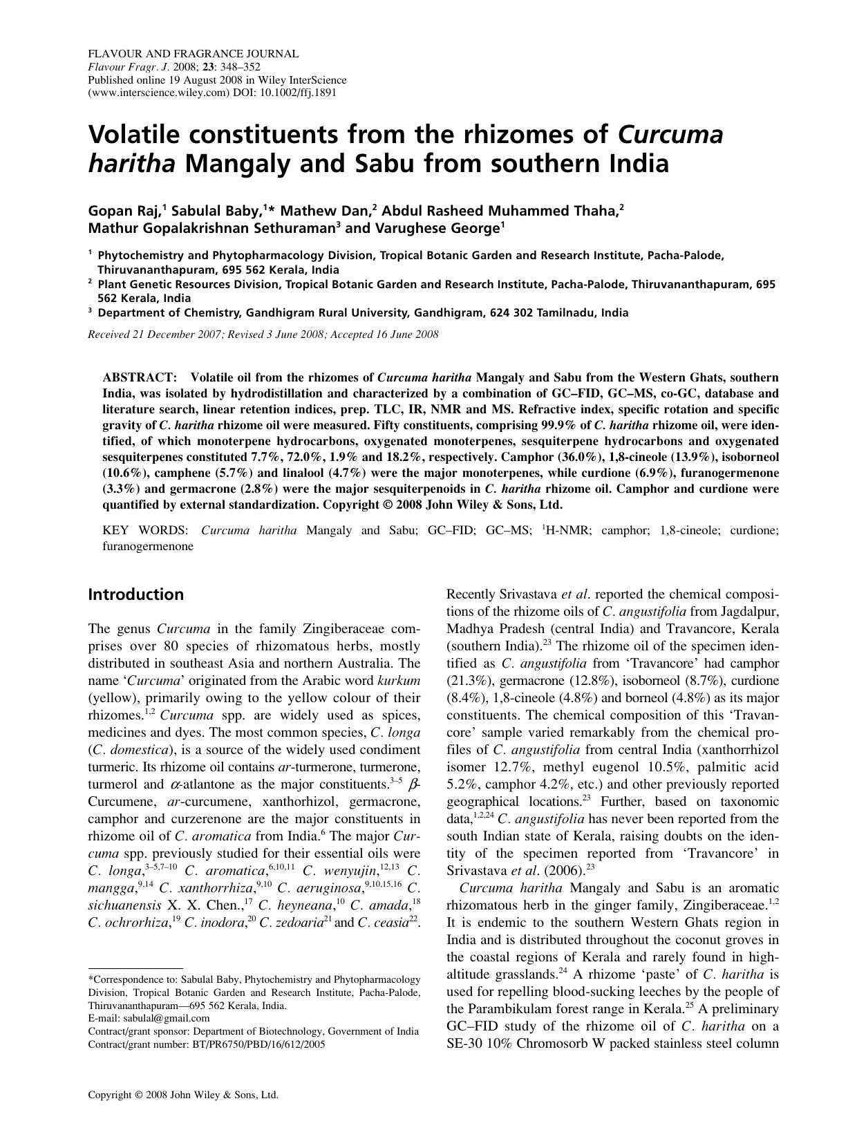 Volatile constituents from the rhizomes of Curcuma haritha Mangaly and Sabu from southern India by Unknown