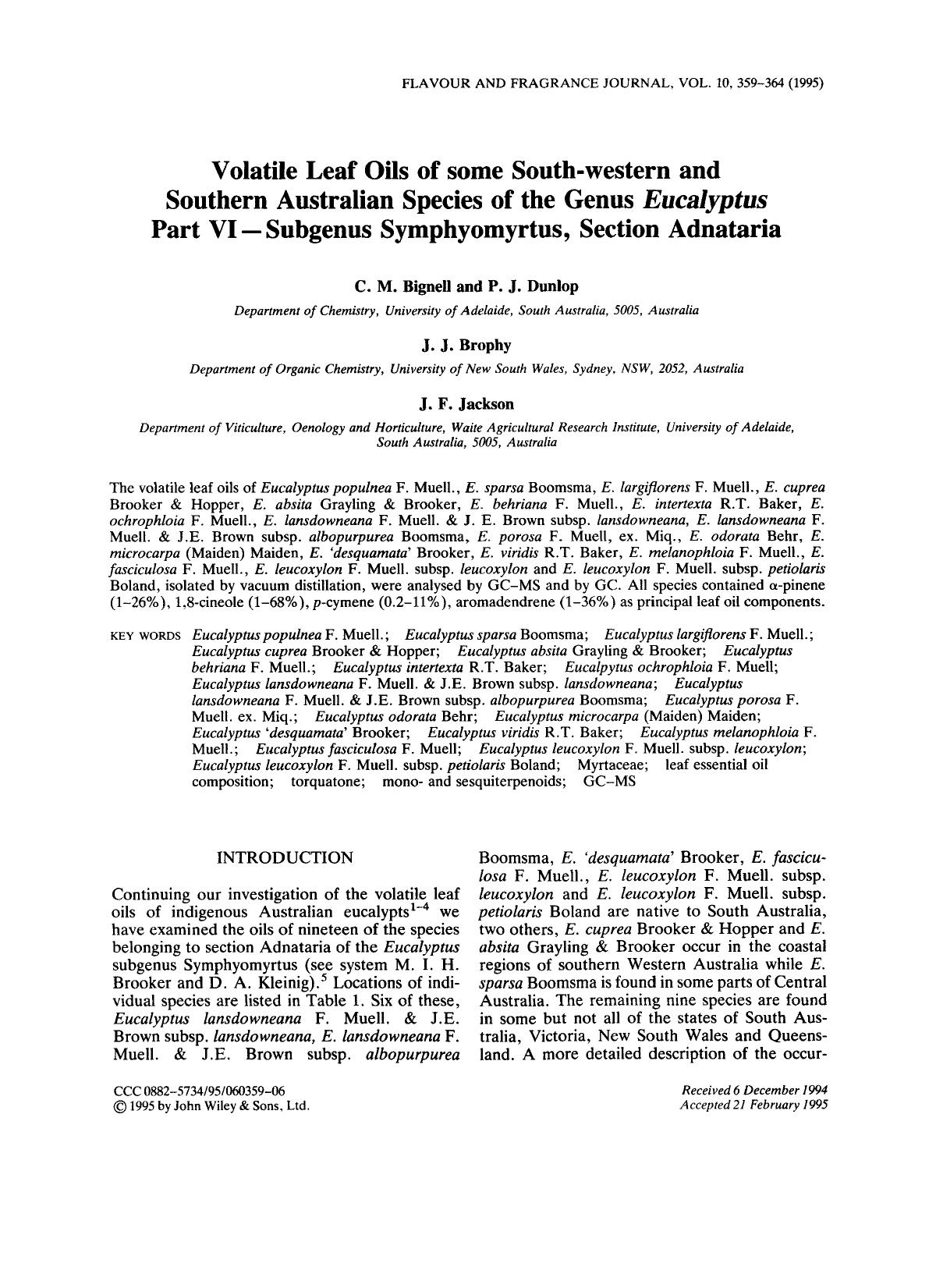 Volatile leaf oils of some South-western and Southern Australian species of the genus Eucalyptus part VI-subgenus symphyomyrtus, section adnataria by Unknown