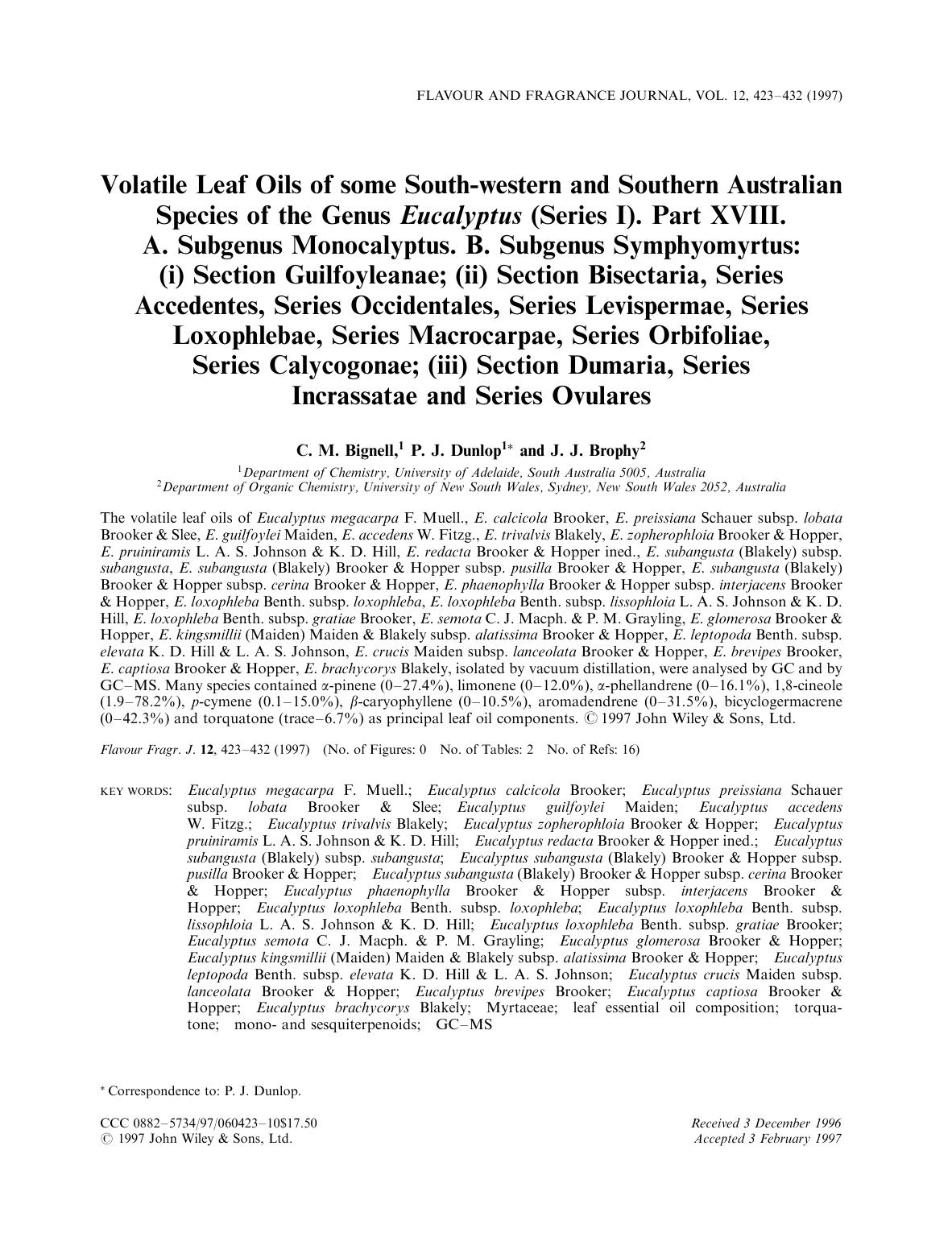 Volatile leaf oils of some south-western and southern Australian species of the genus Eucalyptus (series I). Part XVIII. A. Subgenus monocalyptus. B. Subgenus symphyomyrtus: (i) se by Unknown